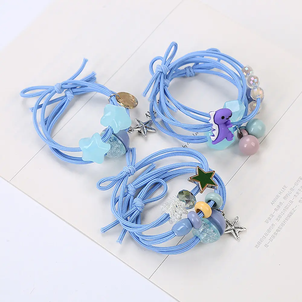 8pcs/Set Fashion Stars Beaded Hair Rope Kids Cute Bear Dinosaur Animal Rubber Band For Child Girls Ponytail Bow Hair Ties Loop