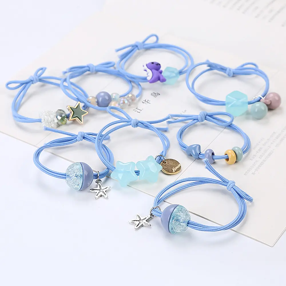 8pcs/Set Fashion Stars Beaded Hair Rope Kids Cute Bear Dinosaur Animal Rubber Band For Child Girls Ponytail Bow Hair Ties Loop