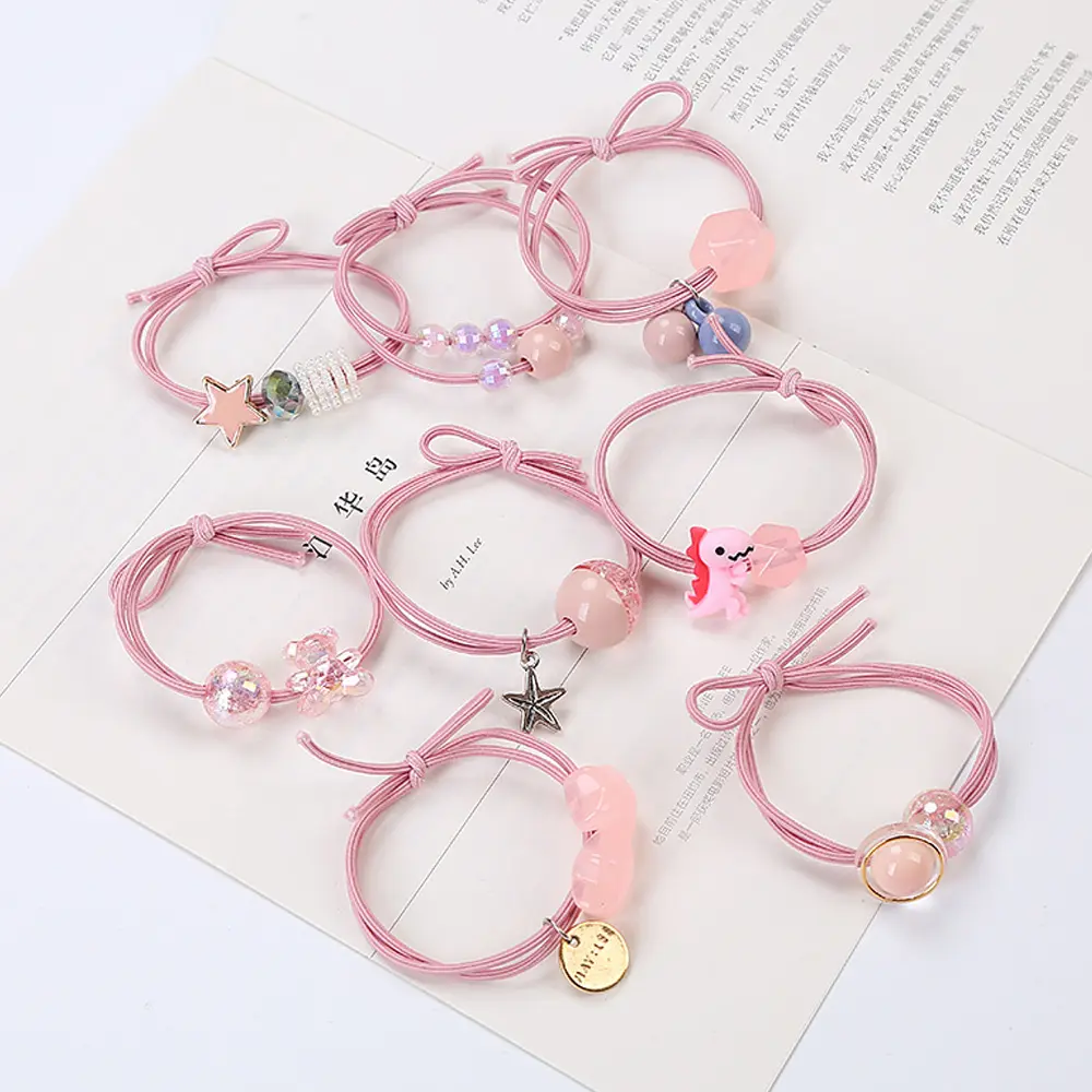 8pcs/Set Fashion Stars Beaded Hair Rope Kids Cute Bear Dinosaur Animal Rubber Band For Child Girls Ponytail Bow Hair Ties Loop