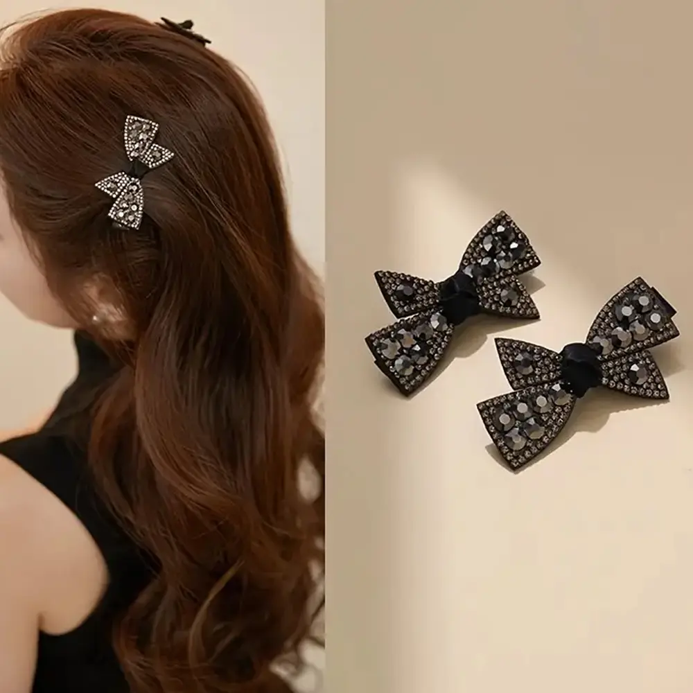 Classic Velvet Bowknot Hair Clips Rhinestone Duckbill Hairpin Women Girls Side Bangs Barrettes For Makeup Headwear Friend Gift