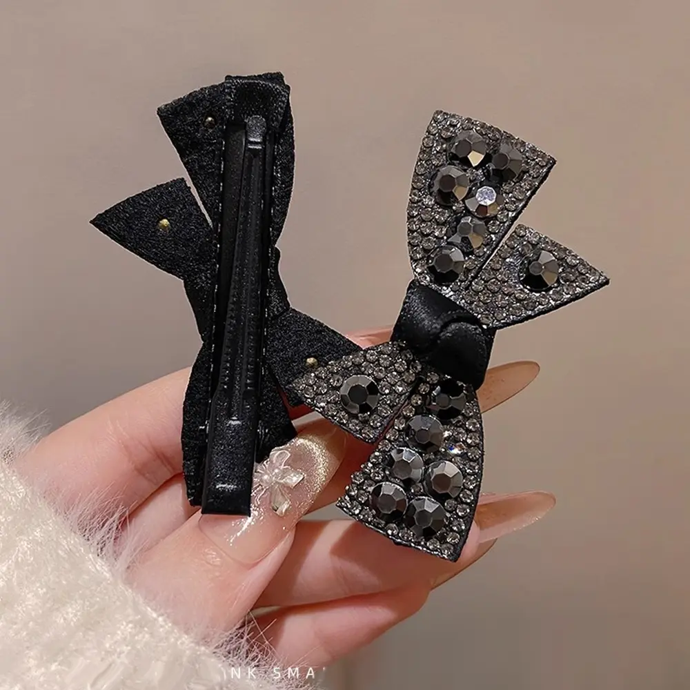 Classic Velvet Bowknot Hair Clips Rhinestone Duckbill Hairpin Women Girls Side Bangs Barrettes For Makeup Headwear Friend Gift