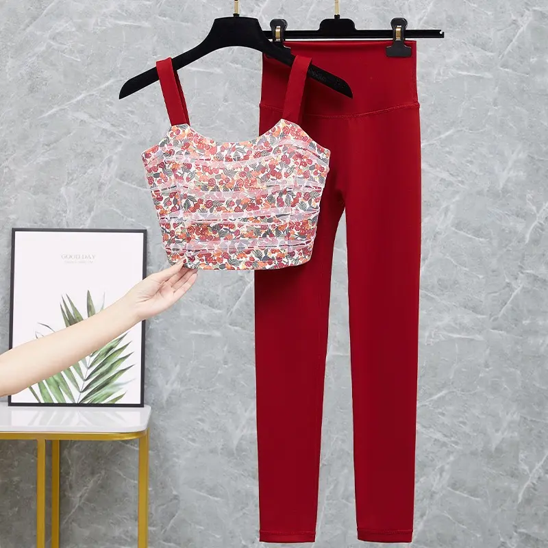 High-end Digital Printed Sports Bra 2PCS Yoga Suit Women's Nude Fitness Leggings Pilates Belly-tightening Nine-point Pants Sets