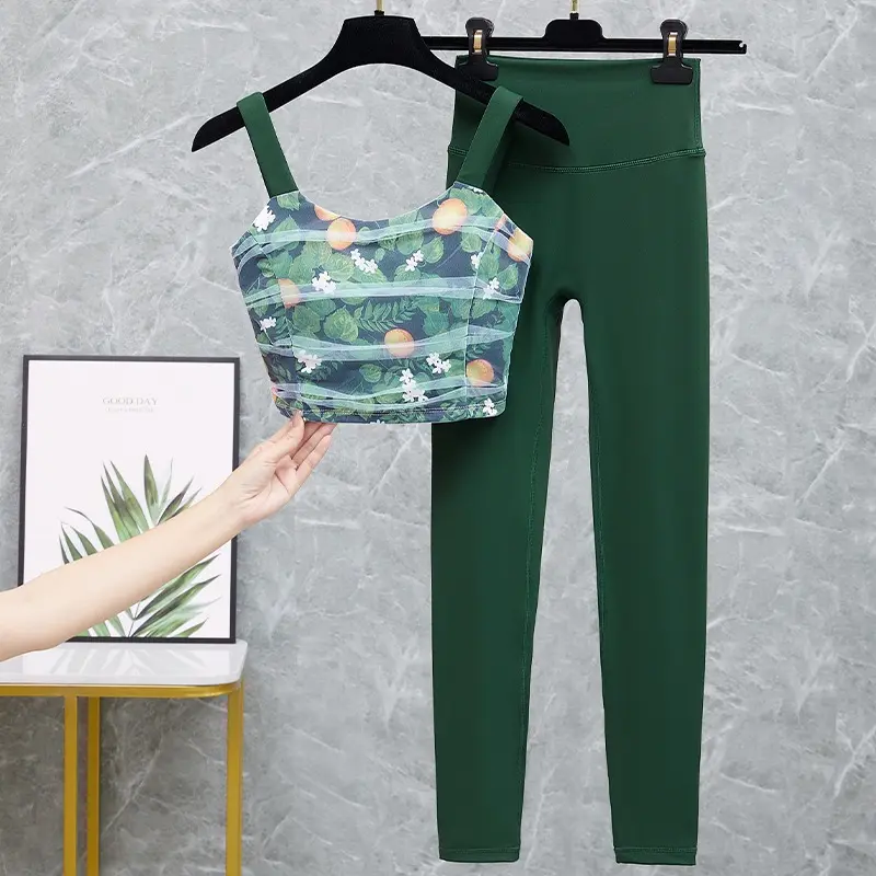 High-end Digital Printed Sports Bra 2PCS Yoga Suit Women's Nude Fitness Leggings Pilates Belly-tightening Nine-point Pants Sets