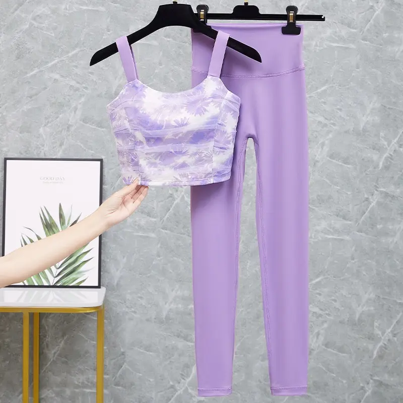 High-end Digital Printed Sports Bra 2PCS Yoga Suit Women's Nude Fitness Leggings Pilates Belly-tightening Nine-point Pants Sets