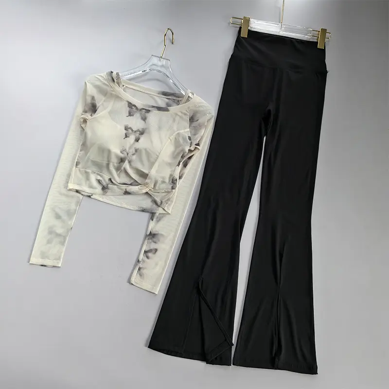 Mesh Fake 2PCS Long Sleeved Set Women's Fixed Chest Mat High Waisted Leggings Yoga Suit Quick Dry Pant Slimming Fitness Top Suit
