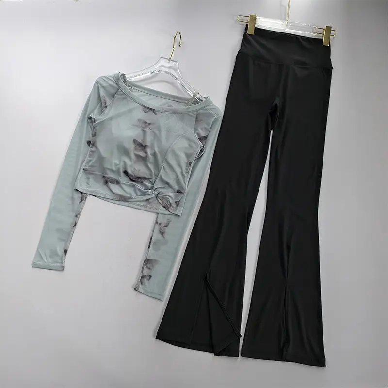 Mesh Fake 2PCS Long Sleeved Set Women's Fixed Chest Mat High Waisted Leggings Yoga Suit Quick Dry Pant Slimming Fitness Top Suit