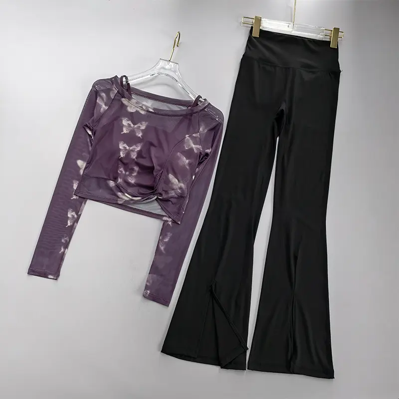 Mesh Fake 2PCS Long Sleeved Set Women's Fixed Chest Mat High Waisted Leggings Yoga Suit Quick Dry Pant Slimming Fitness Top Suit