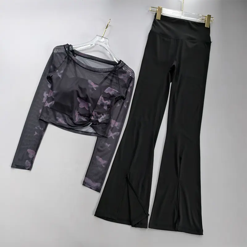 Mesh Fake 2PCS Long Sleeved Set Women's Fixed Chest Mat High Waisted Leggings Yoga Suit Quick Dry Pant Slimming Fitness Top Suit