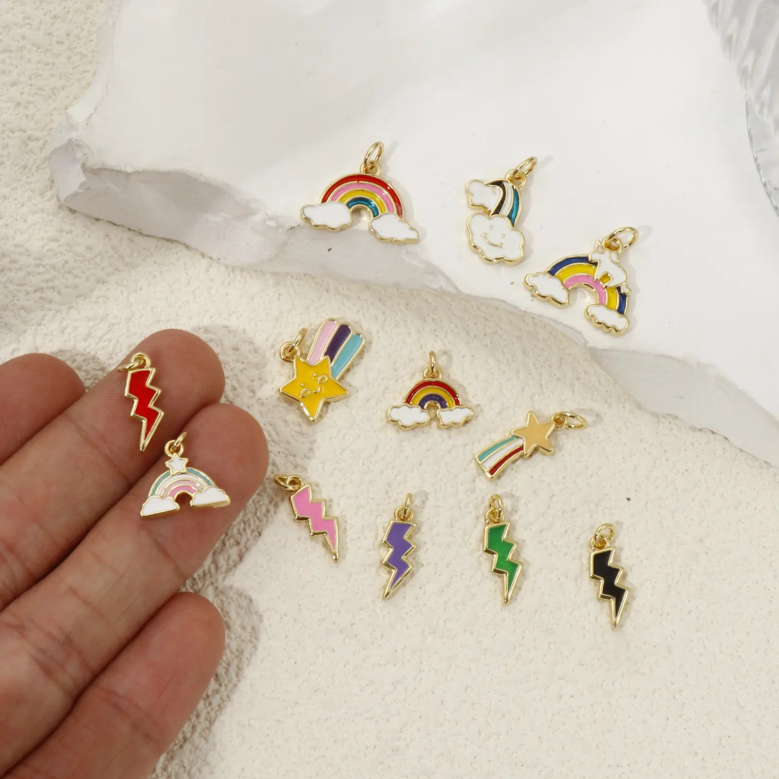 2 PCs Brass Charms 18K Gold Plated Colorful Enamel Cloud Meteor Lightning Weather Pendant For DIY Necklace Jewelry Making