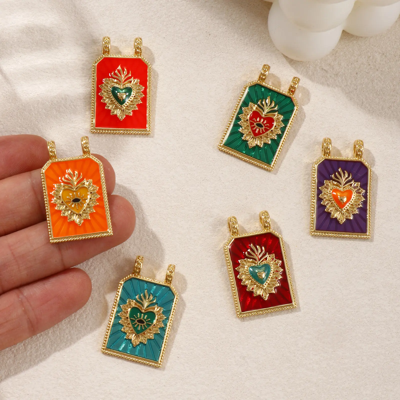 1 Piece Brass Religious Charms 18K Real Gold Plated Enamel Hexagon Ex Voto Heart Pendant For DIY Necklace Making 29mm x 17.5mm