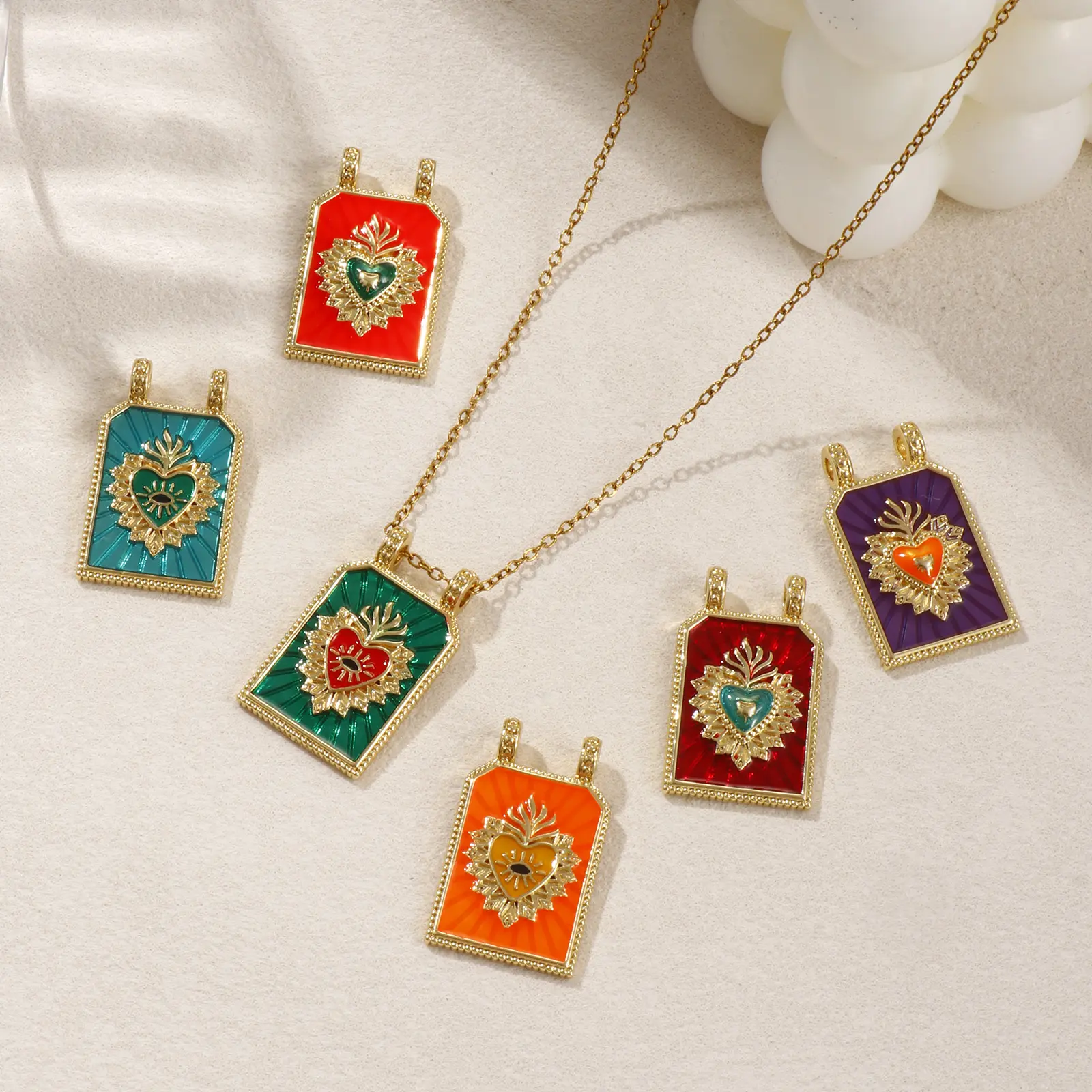 1 Piece Brass Religious Charms 18K Real Gold Plated Enamel Hexagon Ex Voto Heart Pendant For DIY Necklace Making 29mm x 17.5mm