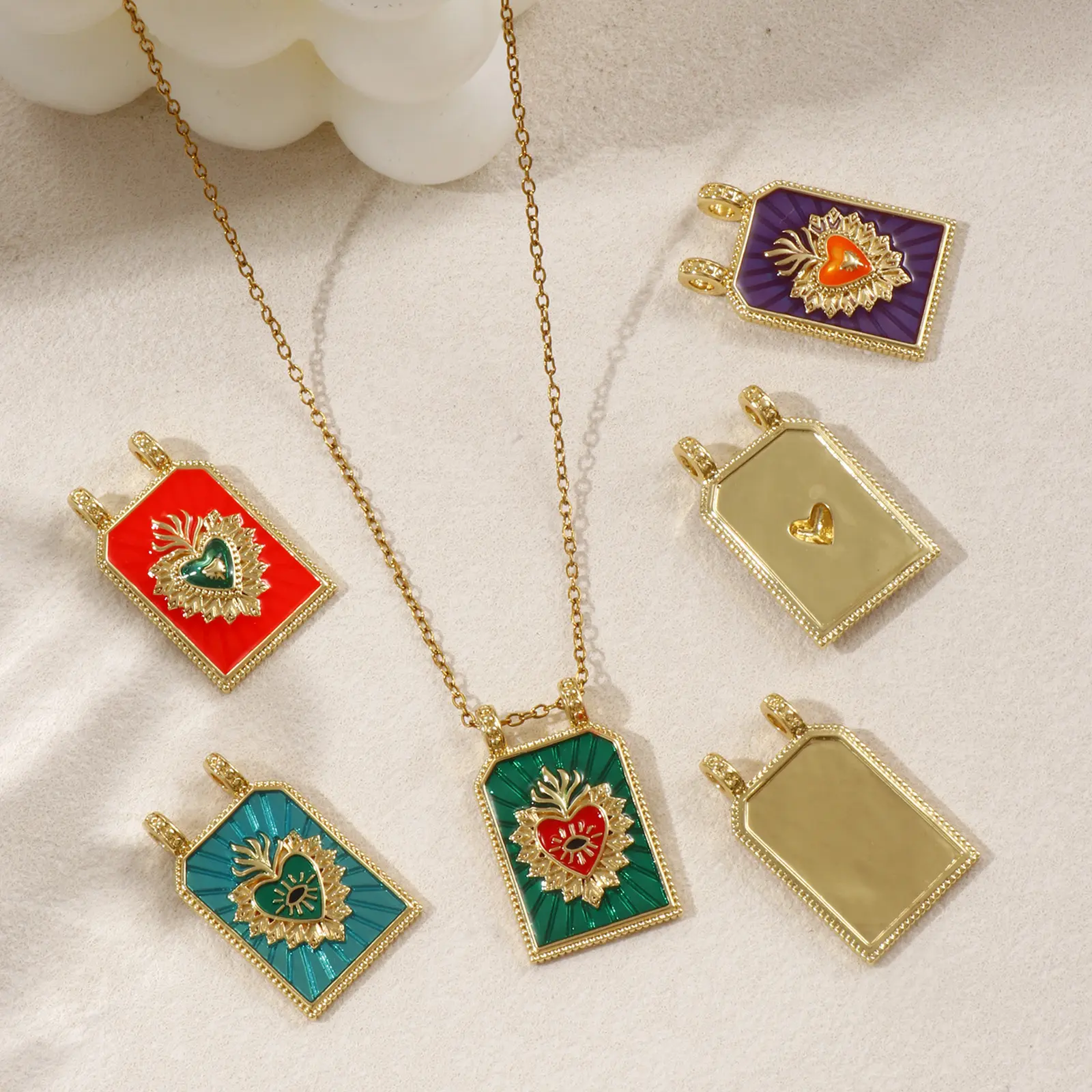1 Piece Brass Religious Charms 18K Real Gold Plated Enamel Hexagon Ex Voto Heart Pendant For DIY Necklace Making 29mm x 17.5mm