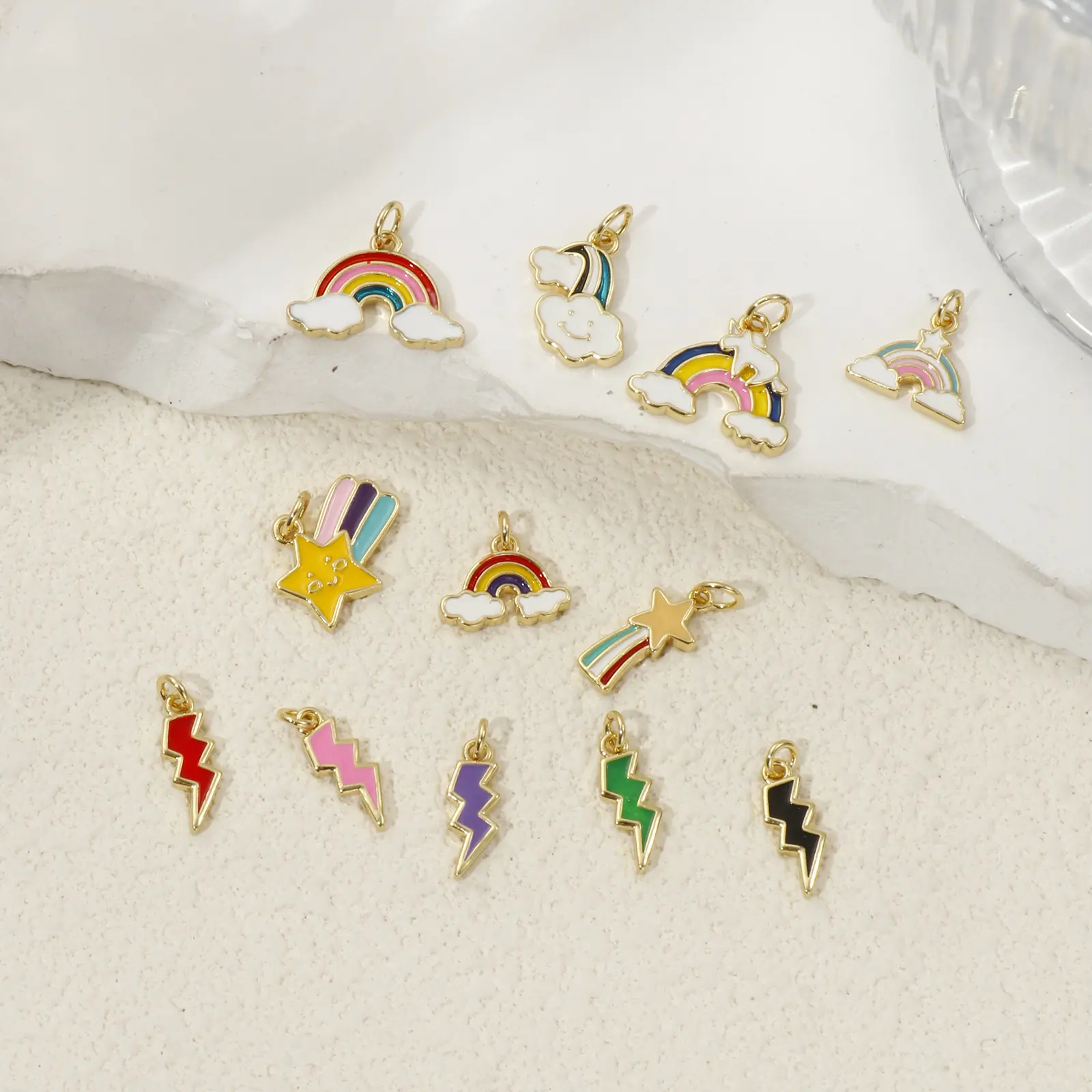 2 PCs Brass Charms 18K Gold Plated Colorful Enamel Cloud Meteor Lightning Weather Pendant For DIY Necklace Jewelry Making