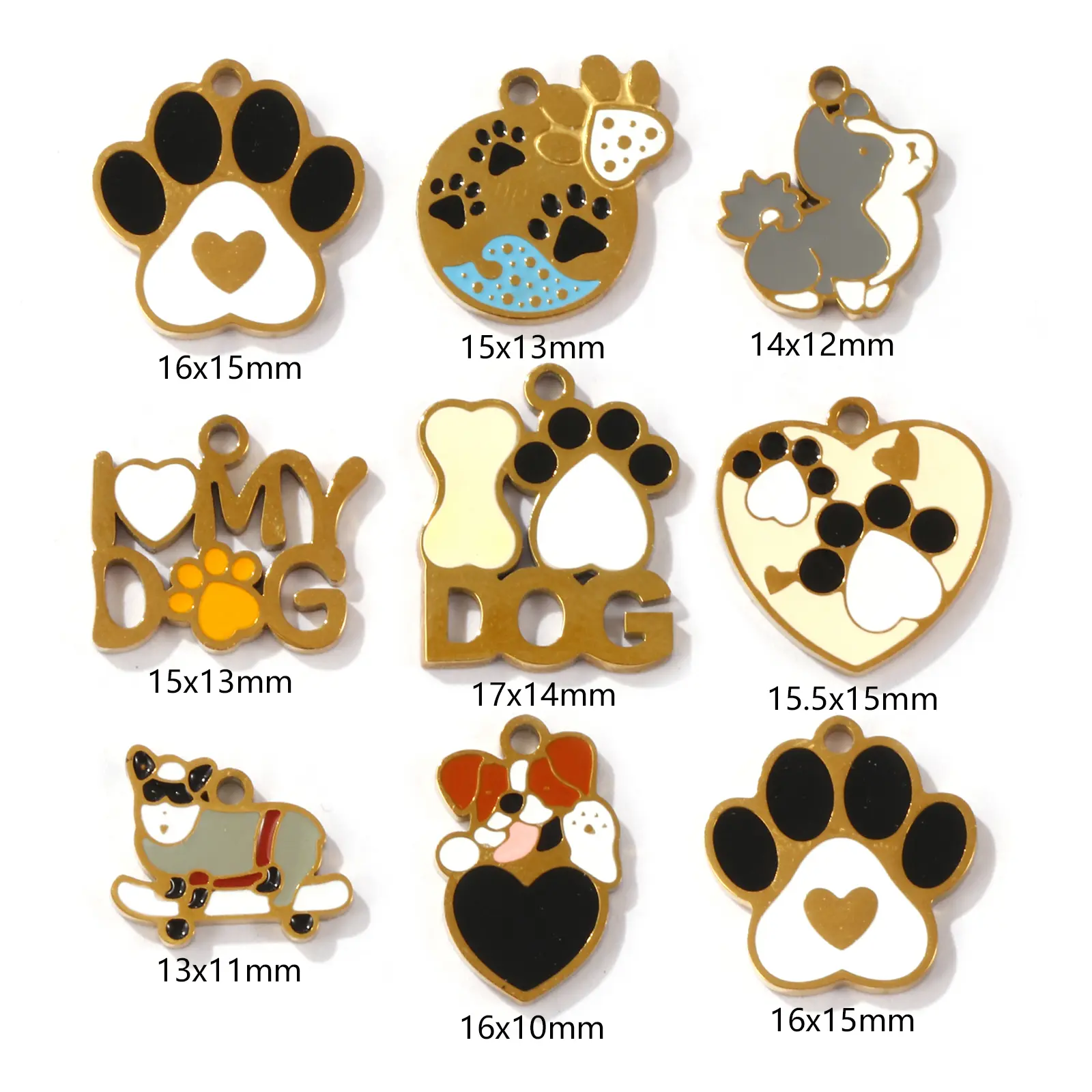2 PCs 304 Stainless Steel Pet Memorial Charms 18K Gold Plated Enamel Dog Paw Print Pendants For DIY Necklace Jewelry Making