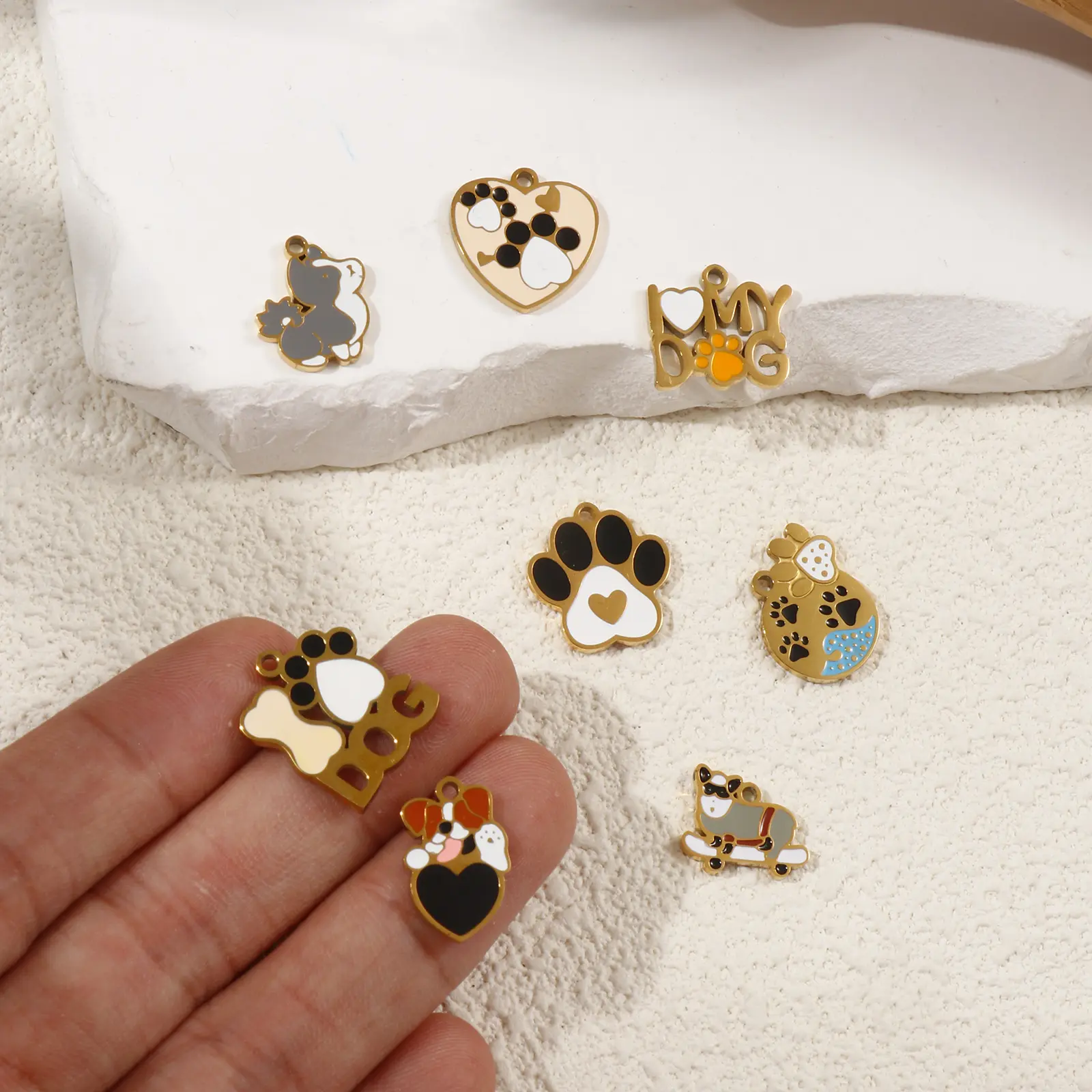 2 PCs 304 Stainless Steel Pet Memorial Charms 18K Gold Plated Enamel Dog Paw Print Pendants For DIY Necklace Jewelry Making