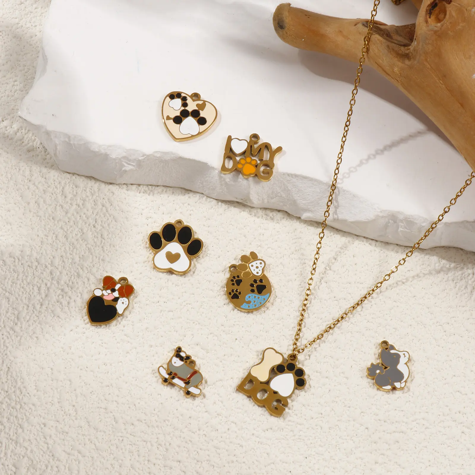 2 PCs 304 Stainless Steel Pet Memorial Charms 18K Gold Plated Enamel Dog Paw Print Pendants For DIY Necklace Jewelry Making