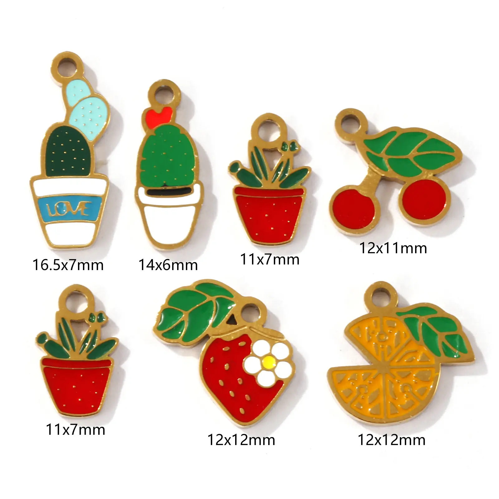 2 Pcs 304 Stainless Steel Flora Collection Charms 18K Gold Plated Pot Plant Enamel Cherry Strawberry Pendant For Neckalce DIY