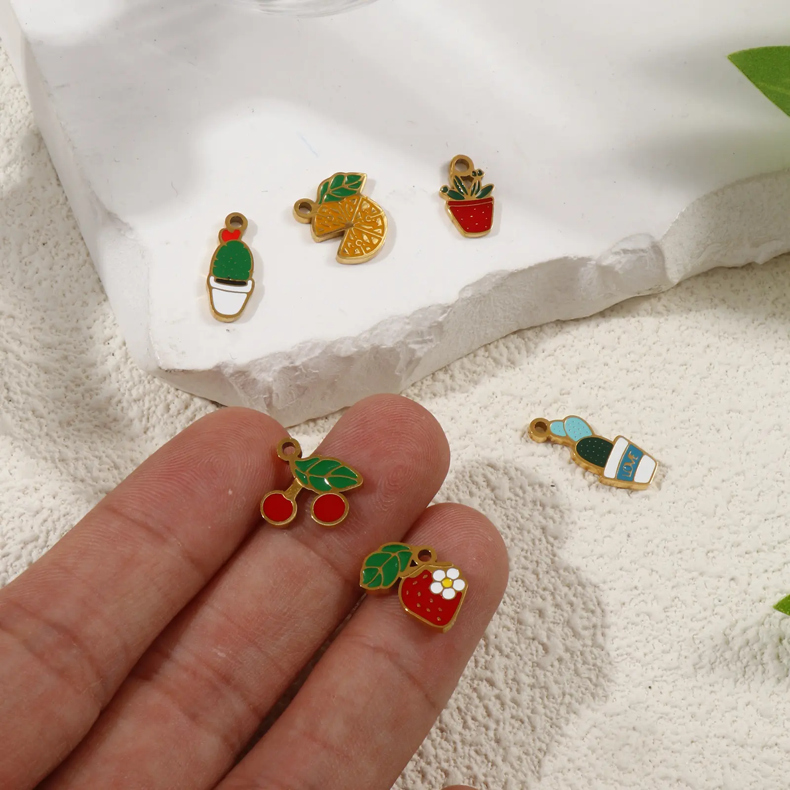 2 Pcs 304 Stainless Steel Flora Collection Charms 18K Gold Plated Pot Plant Enamel Cherry Strawberry Pendant For Neckalce DIY