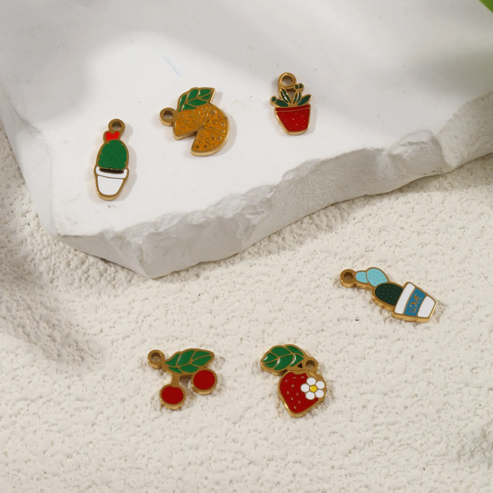 2 Pcs 304 Stainless Steel Flora Collection Charms 18K Gold Plated Pot Plant Enamel Cherry Strawberry Pendant For Neckalce DIY