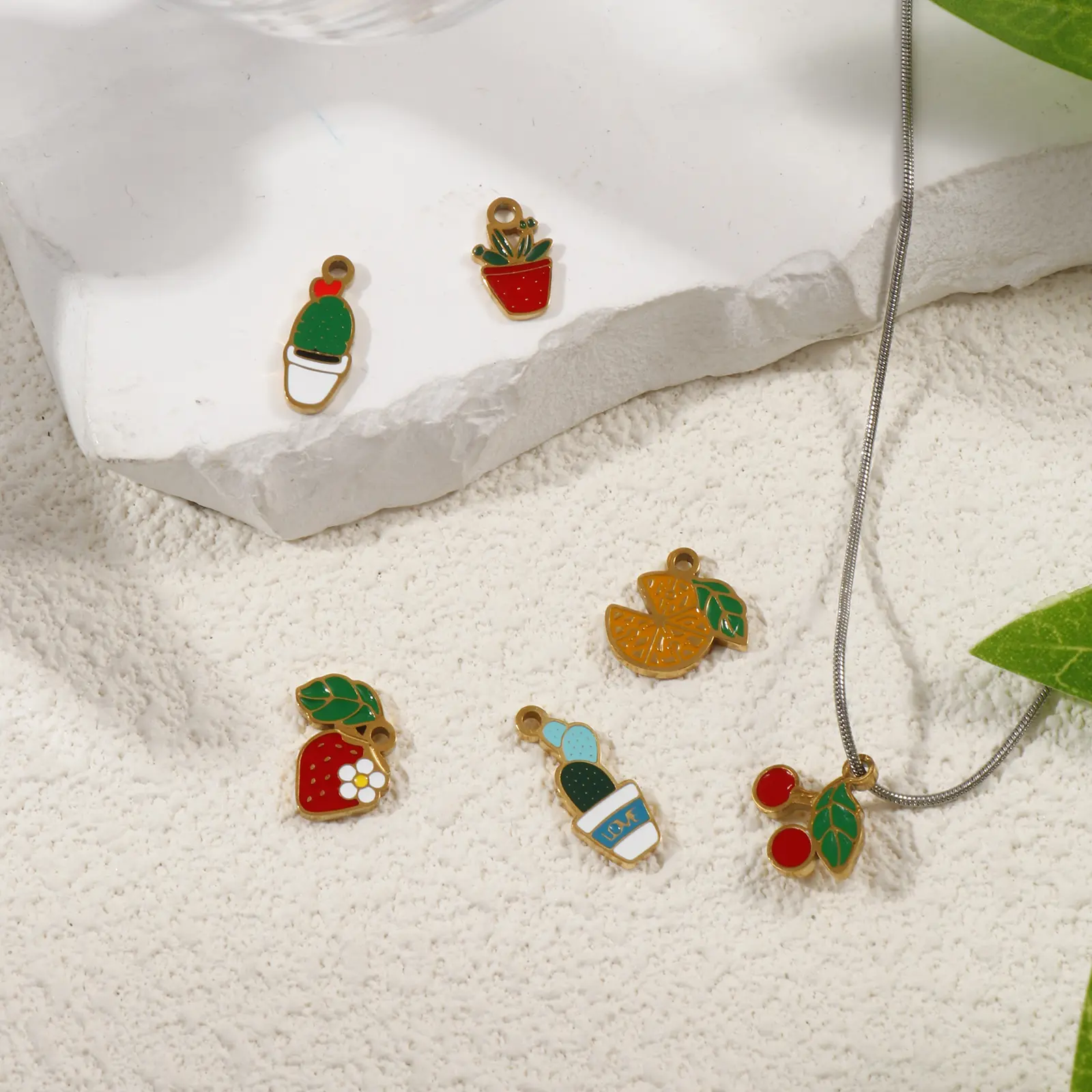 2 Pcs 304 Stainless Steel Flora Collection Charms 18K Gold Plated Pot Plant Enamel Cherry Strawberry Pendant For Neckalce DIY