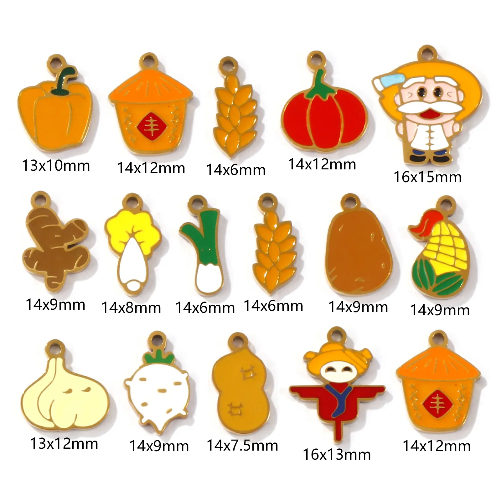 2 Pcs 304 Stainless Steel Charms 18K Gold Plated Herbs Enamel Pumpkin Scallion Carrot Corn Pendants For DIY Necklace Making