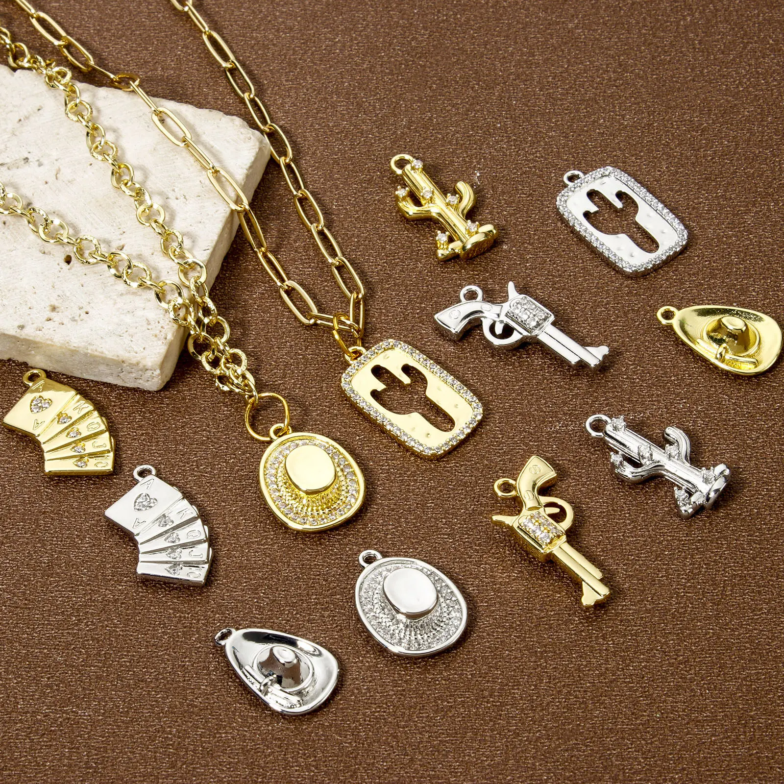 1 Piece Brass West Cowboy Charm Boots Hat Poker Cactus 18K Gold Plated Pendants For DIY Necklace Jewerly Making
