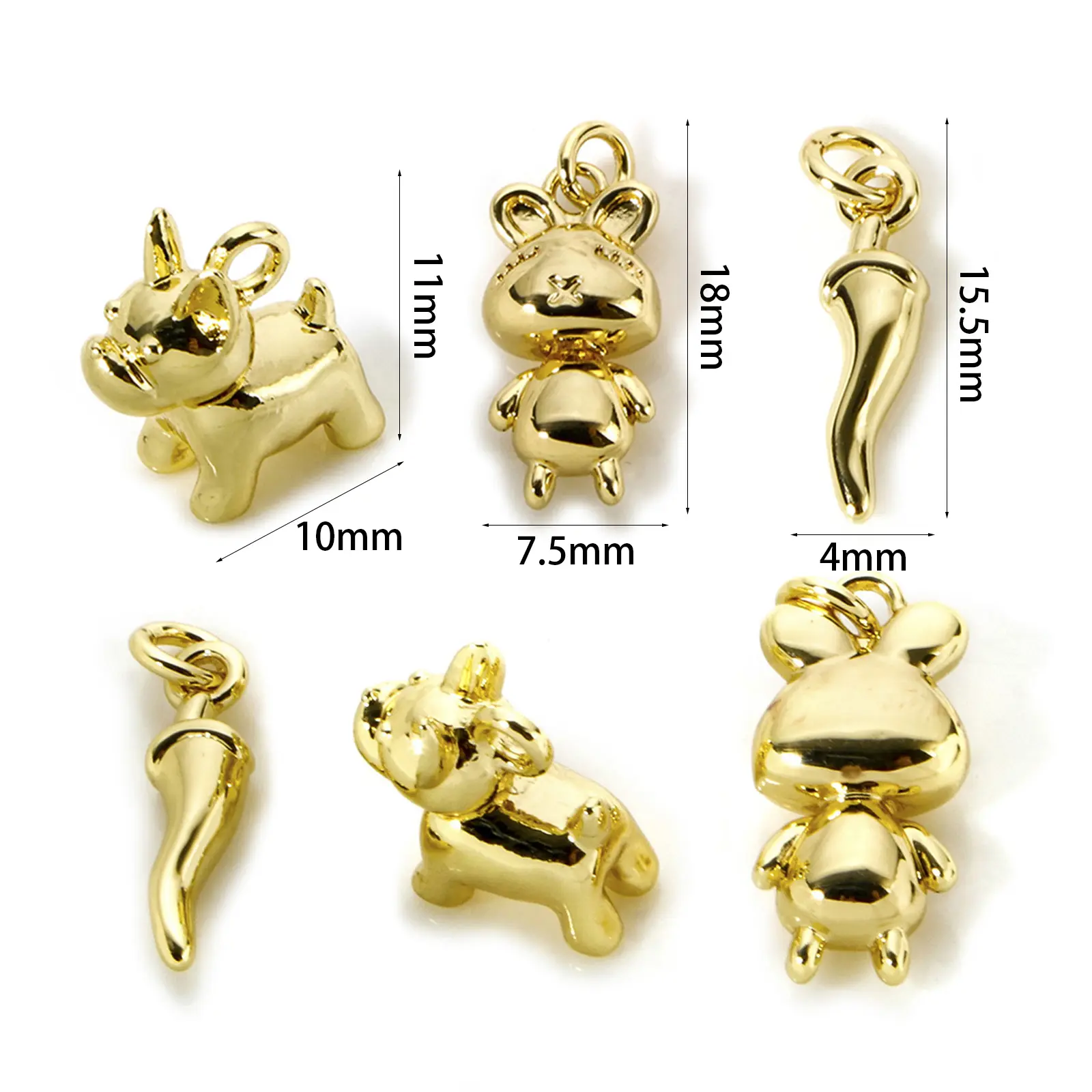 2 Piece Brass Charms 18K Real Gold Plated Cute 3D Dog Rrabbit Chili Pendant For DIY Necklace Bracelet Jewelry Making