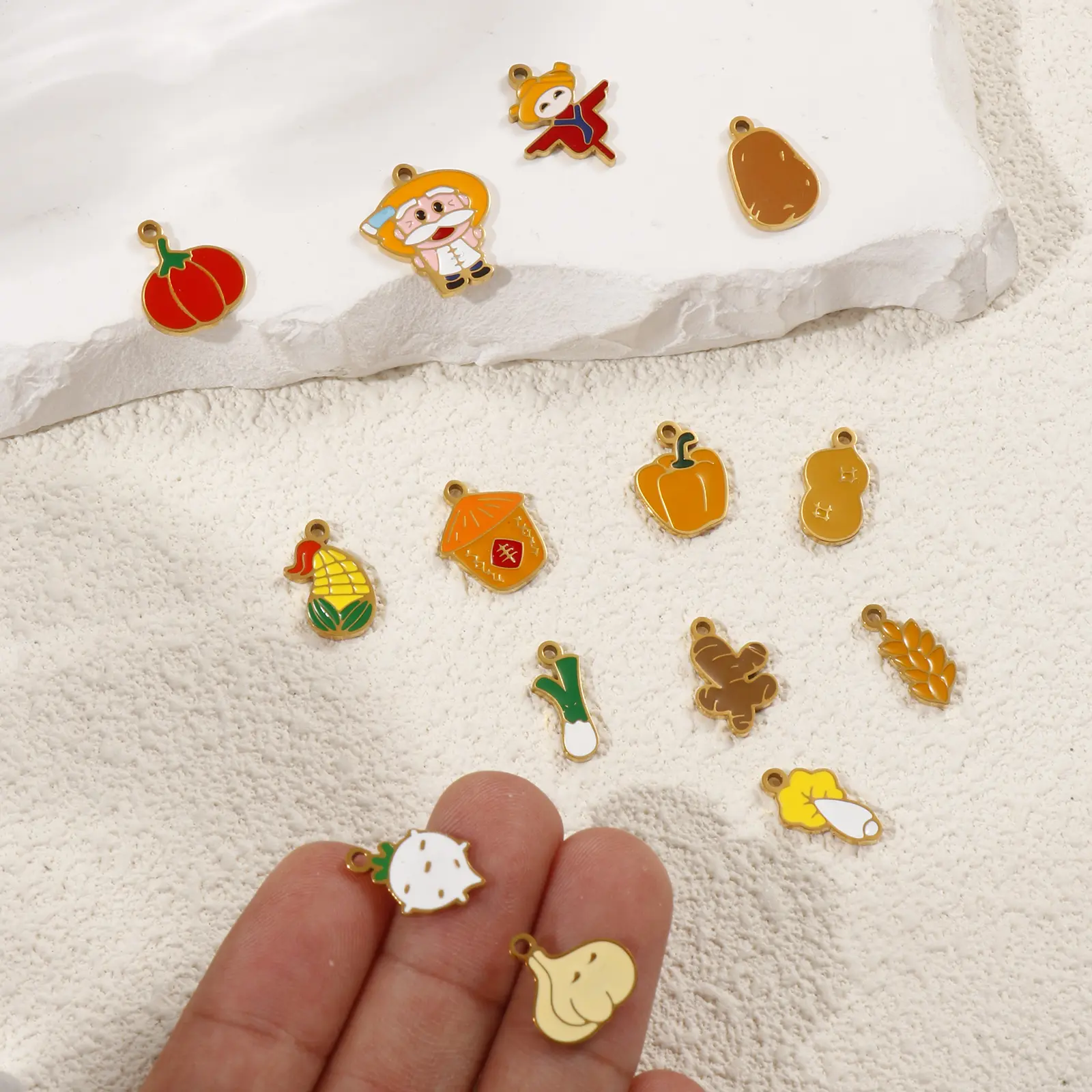 2 Pcs 304 Stainless Steel Charms 18K Gold Plated Herbs Enamel Pumpkin Scallion Carrot Corn Pendants For DIY Necklace Making