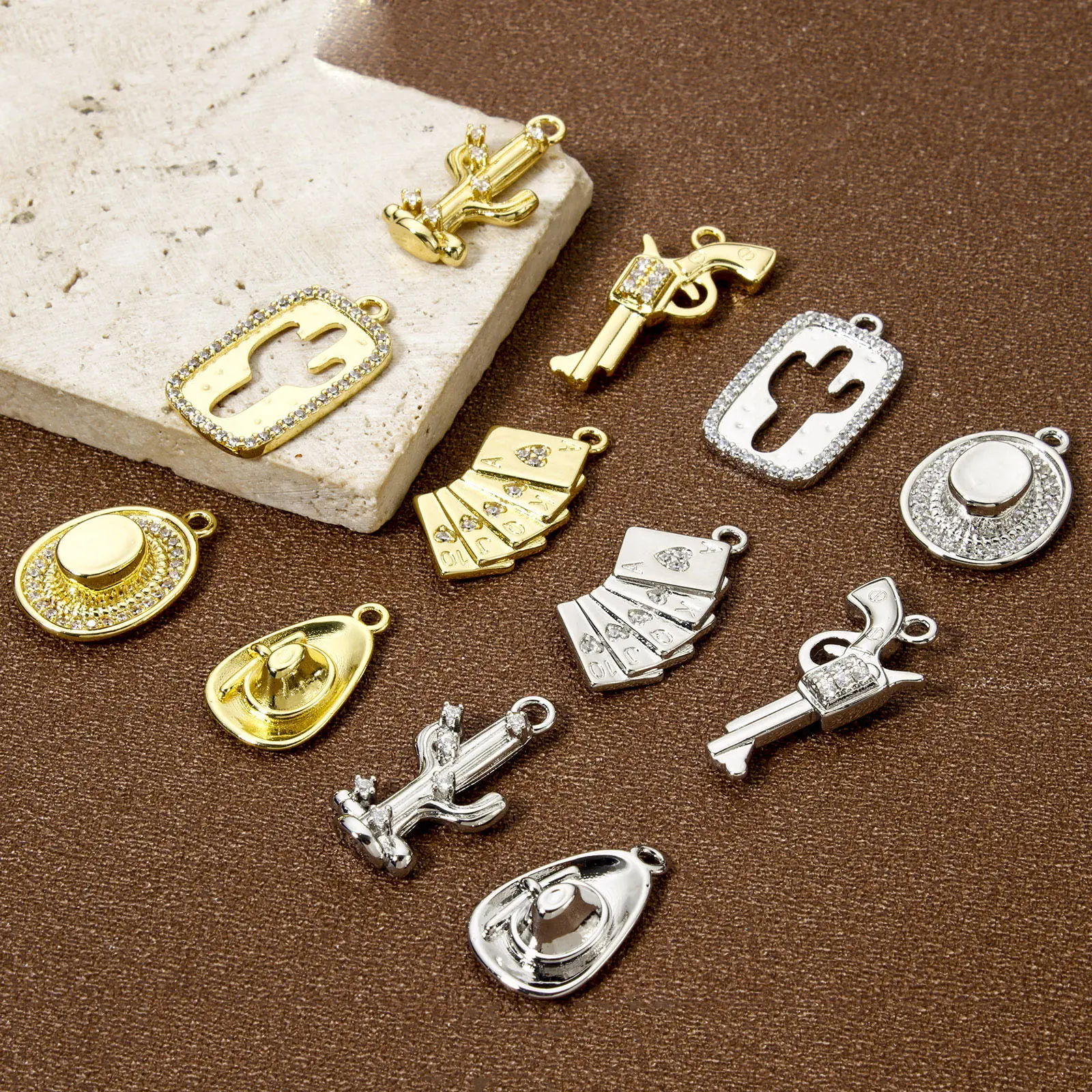1 Piece Brass West Cowboy Charm Boots Hat Poker Cactus 18K Gold Plated Pendants For DIY Necklace Jewerly Making