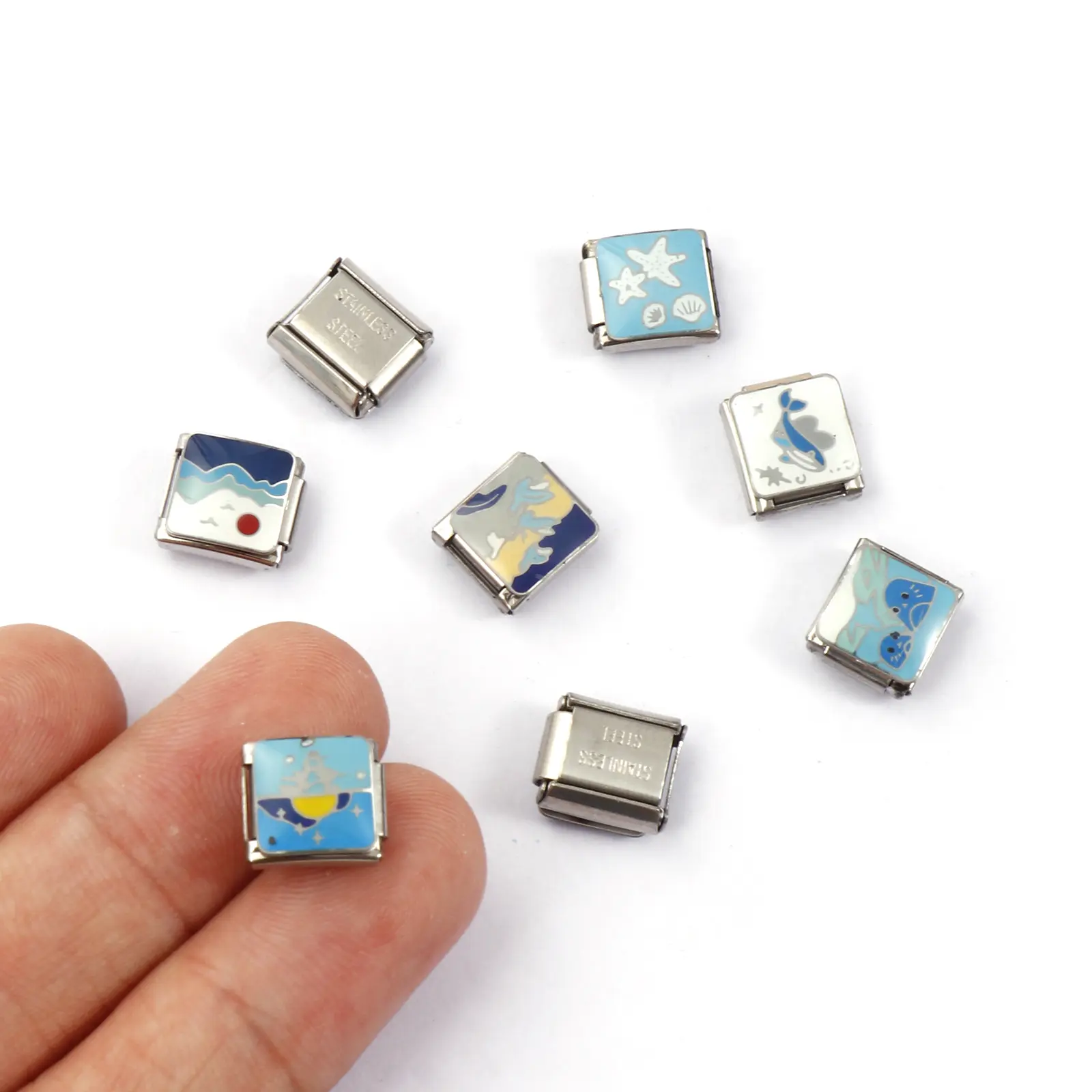 2 PCs Stainless Steel Ocean Jewelry Italian Charm Links Rectangle Starfish Seagull Beach Fit 9mm For DIY Bracelet Jewelry Making