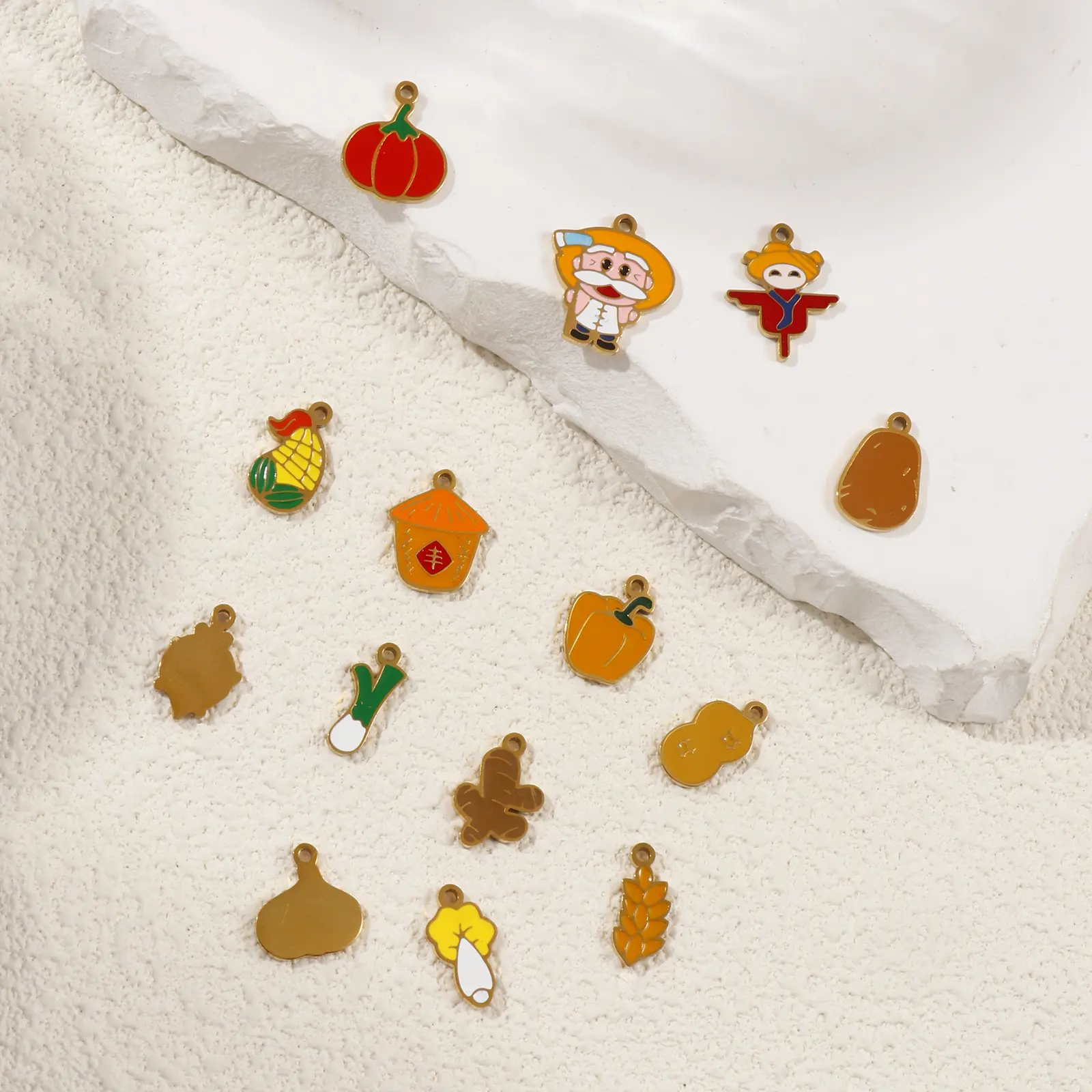 2 Pcs 304 Stainless Steel Charms 18K Gold Plated Herbs Enamel Pumpkin Scallion Carrot Corn Pendants For DIY Necklace Making