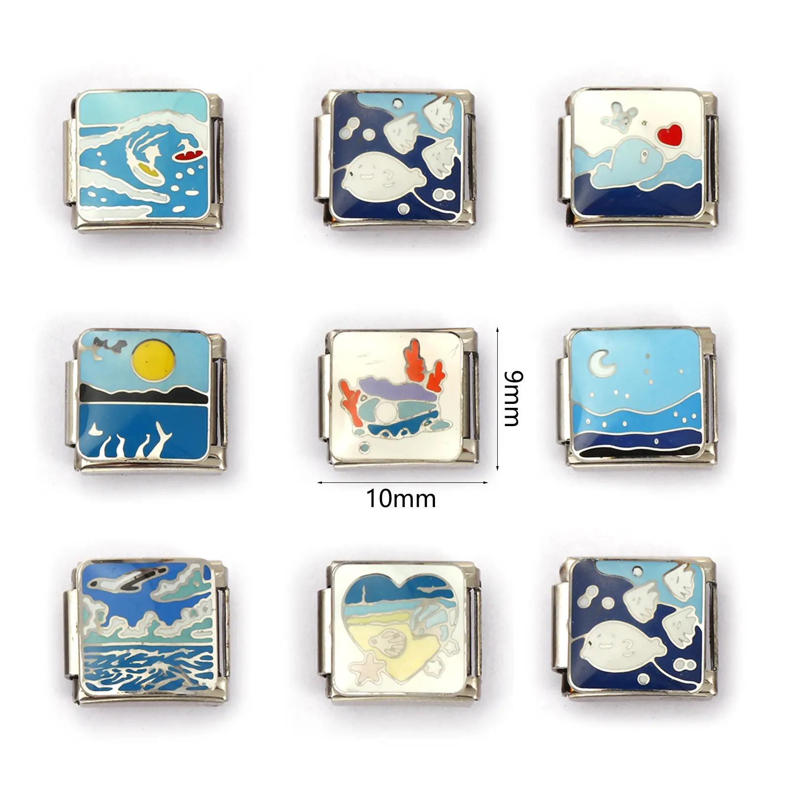 2 Piece Stainless Steel Ocean Jewelry Italian Charm Links Fit 9mm For DIY Bracelet Jewelry Making Rectangle Whale Sea 10mm x 9mm