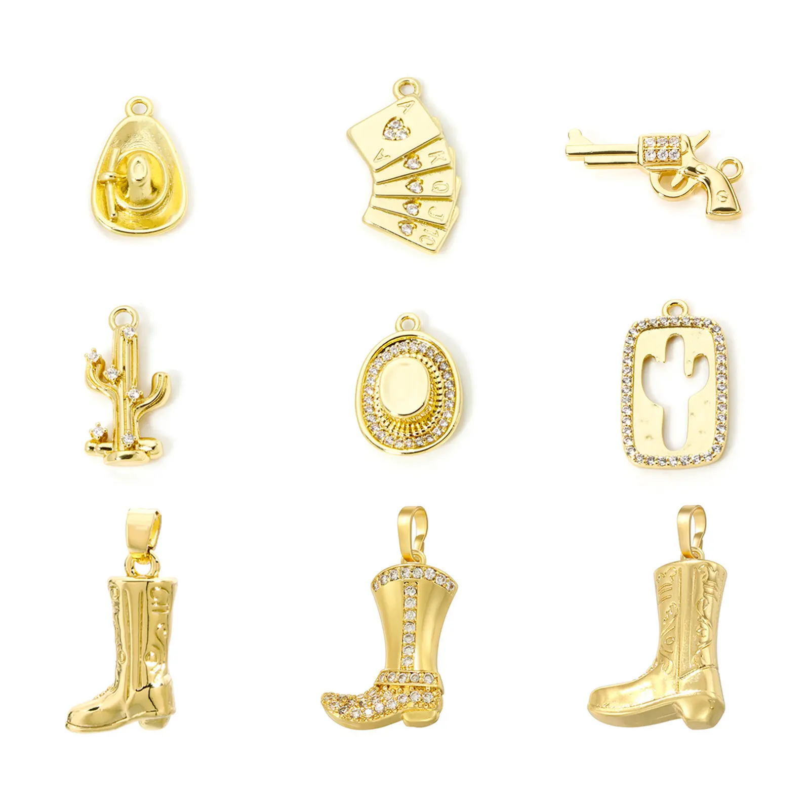 1 Piece Brass West Cowboy Charm Boots Hat Poker Cactus 18K Gold Plated Pendants For DIY Necklace Jewerly Making