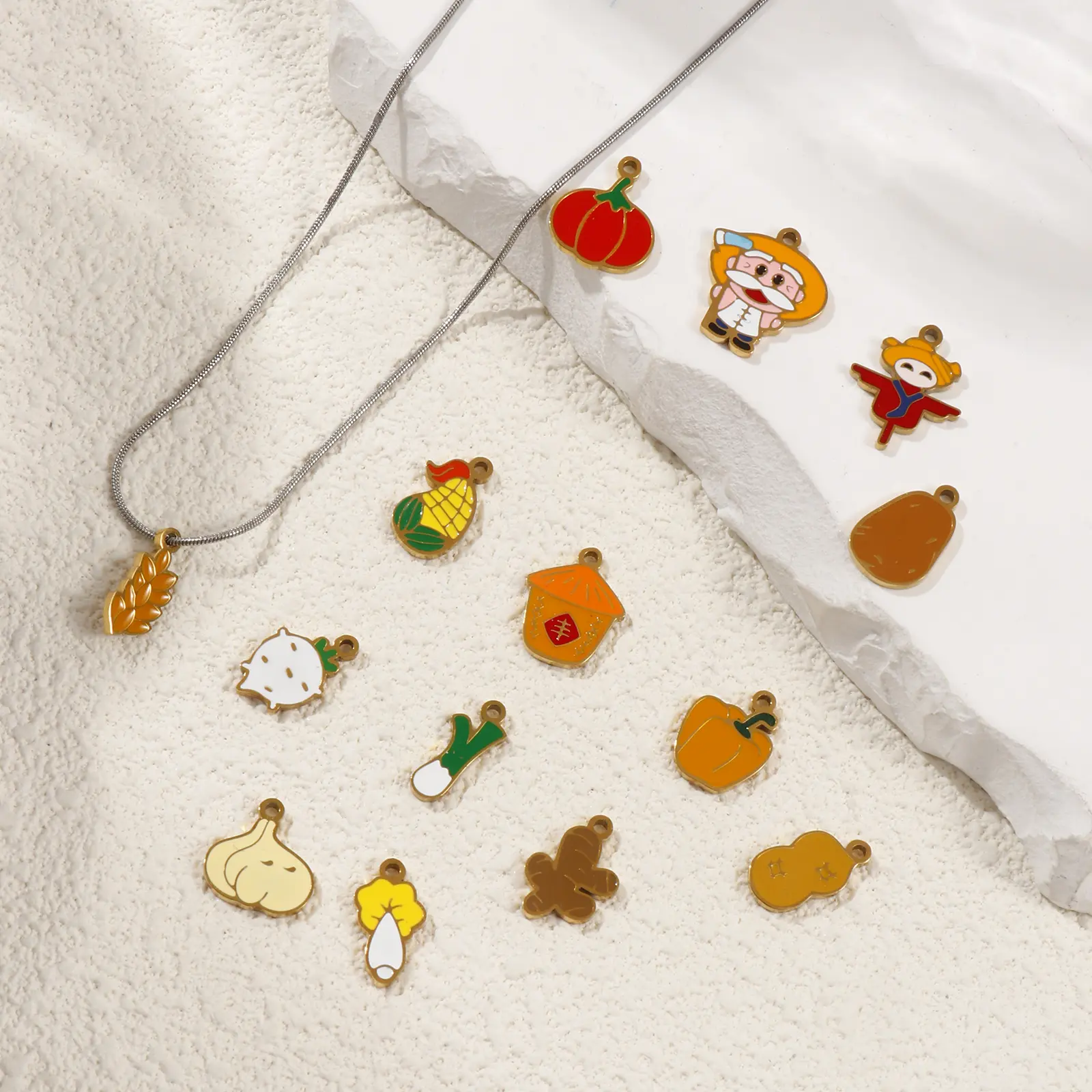 2 Pcs 304 Stainless Steel Charms 18K Gold Plated Herbs Enamel Pumpkin Scallion Carrot Corn Pendants For DIY Necklace Making