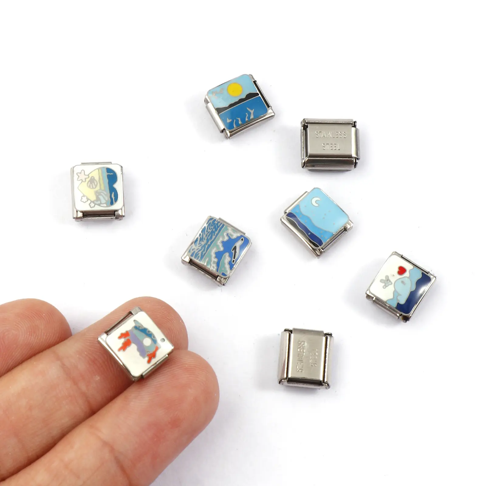 2 Piece Stainless Steel Ocean Jewelry Italian Charm Links Fit 9mm For DIY Bracelet Jewelry Making Rectangle Whale Sea 10mm x 9mm