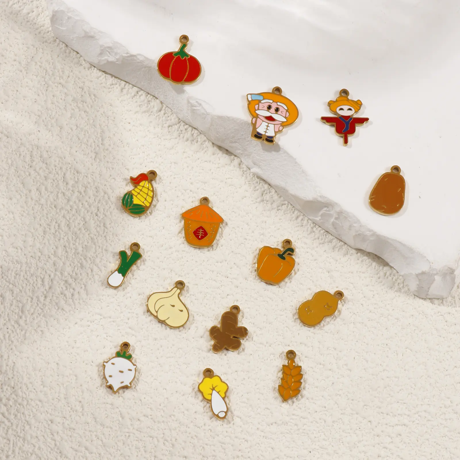 2 Pcs 304 Stainless Steel Charms 18K Gold Plated Herbs Enamel Pumpkin Scallion Carrot Corn Pendants For DIY Necklace Making
