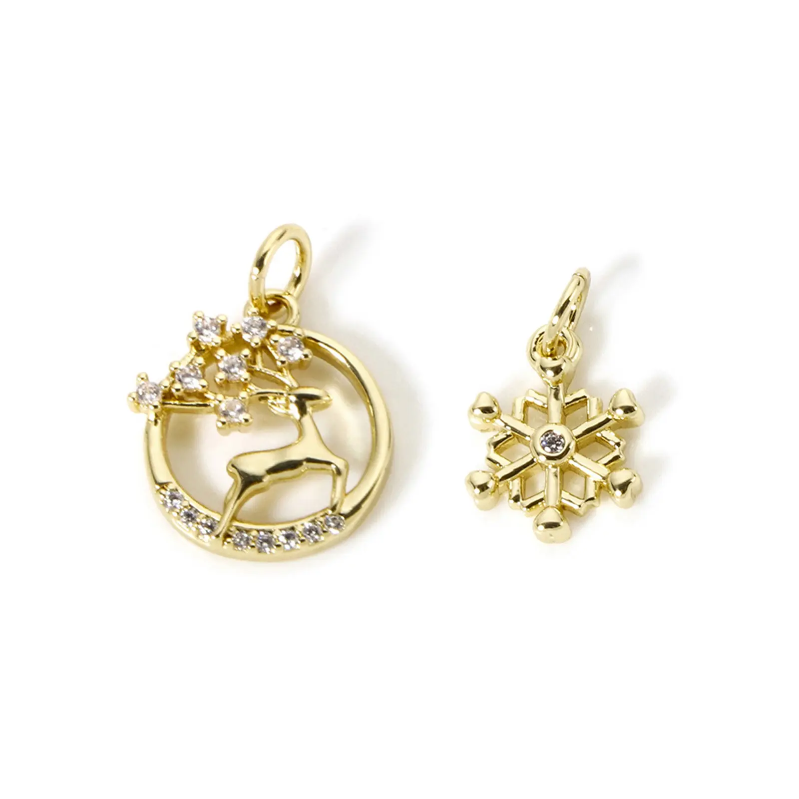 2 PCs Brass Christmas Charms Hollow Snowflake Reindeer Micro Pave Clear Cubic Zirconia 18K Gold Plated Pendants For DIY Neckalce