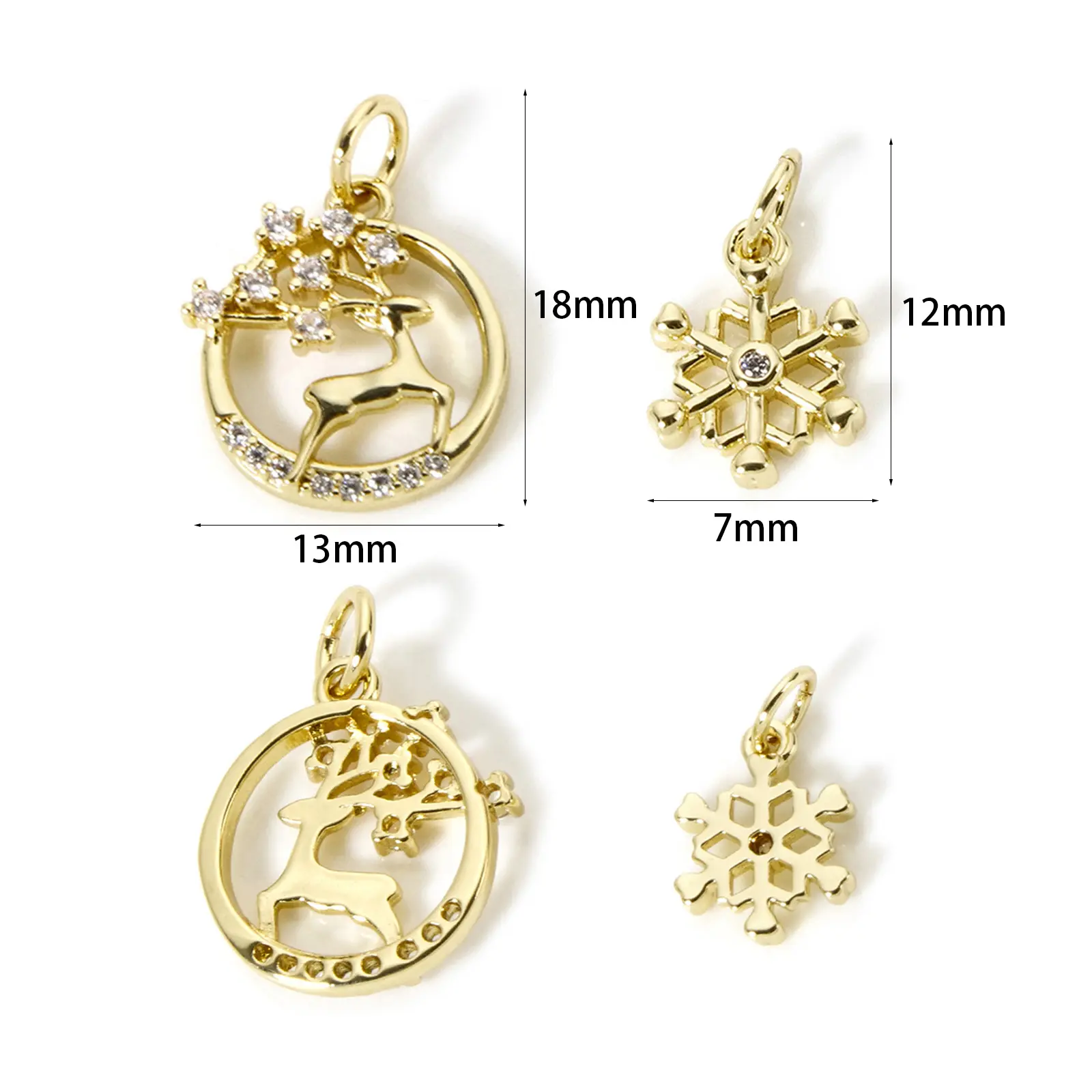 2 PCs Brass Christmas Charms Hollow Snowflake Reindeer Micro Pave Clear Cubic Zirconia 18K Gold Plated Pendants For DIY Neckalce