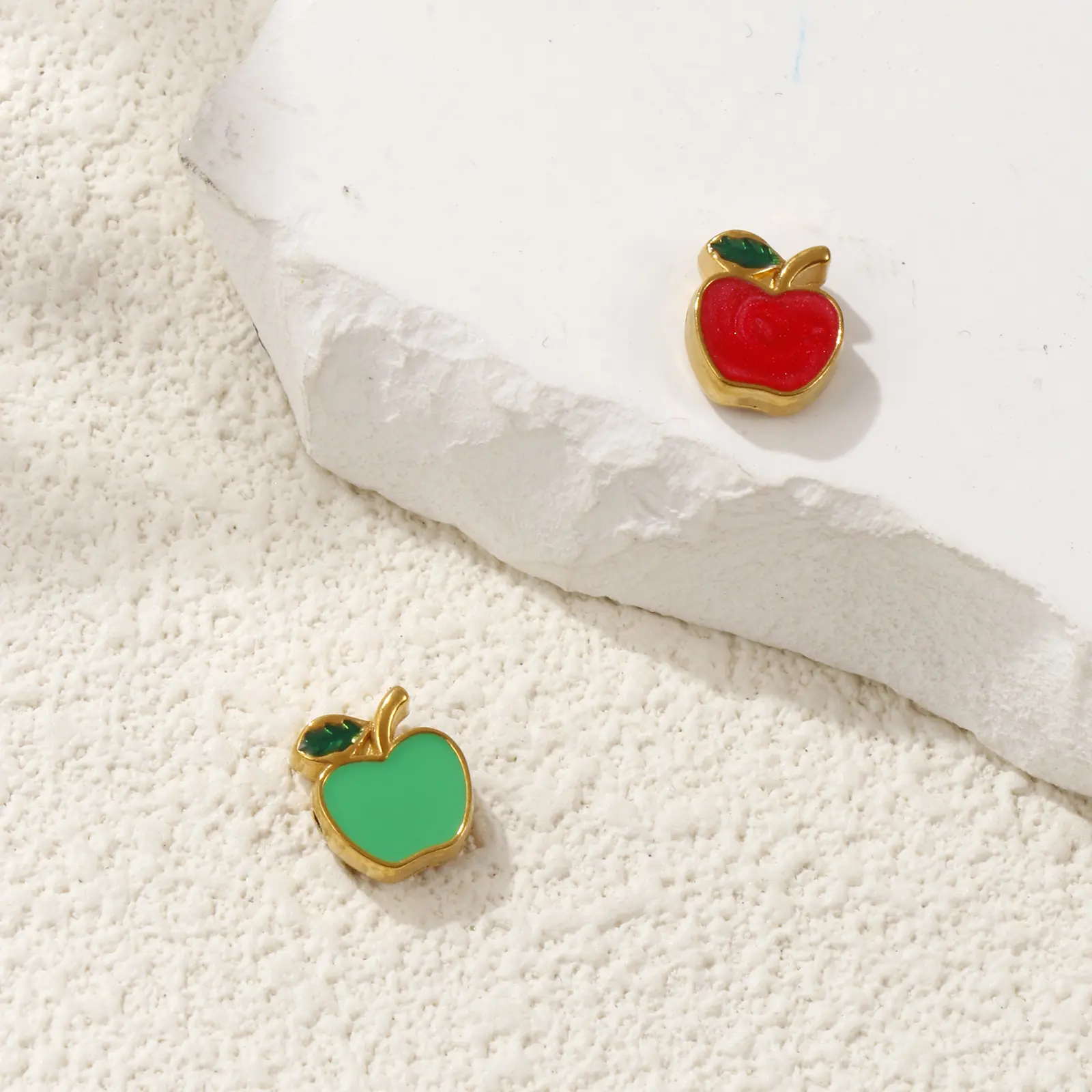 1 Piece 304 Stainless Steel Beads For DIY Jewelry Making 18K Gold Plated Red Apple Fruit Enamel 10mm x 9mm, Hole: Approx 1.2mm