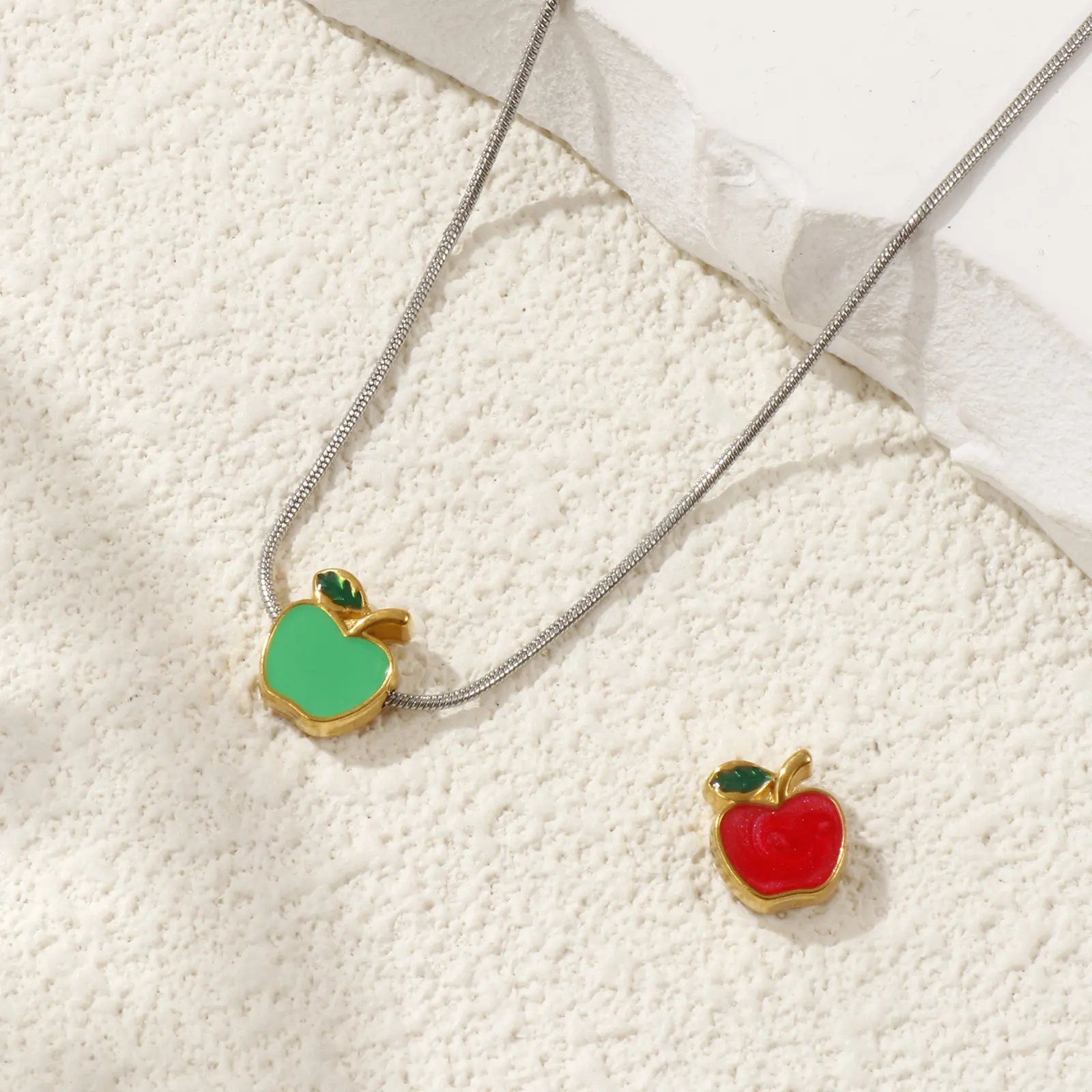 1 Piece 304 Stainless Steel Beads For DIY Jewelry Making 18K Gold Plated Red Apple Fruit Enamel 10mm x 9mm, Hole: Approx 1.2mm