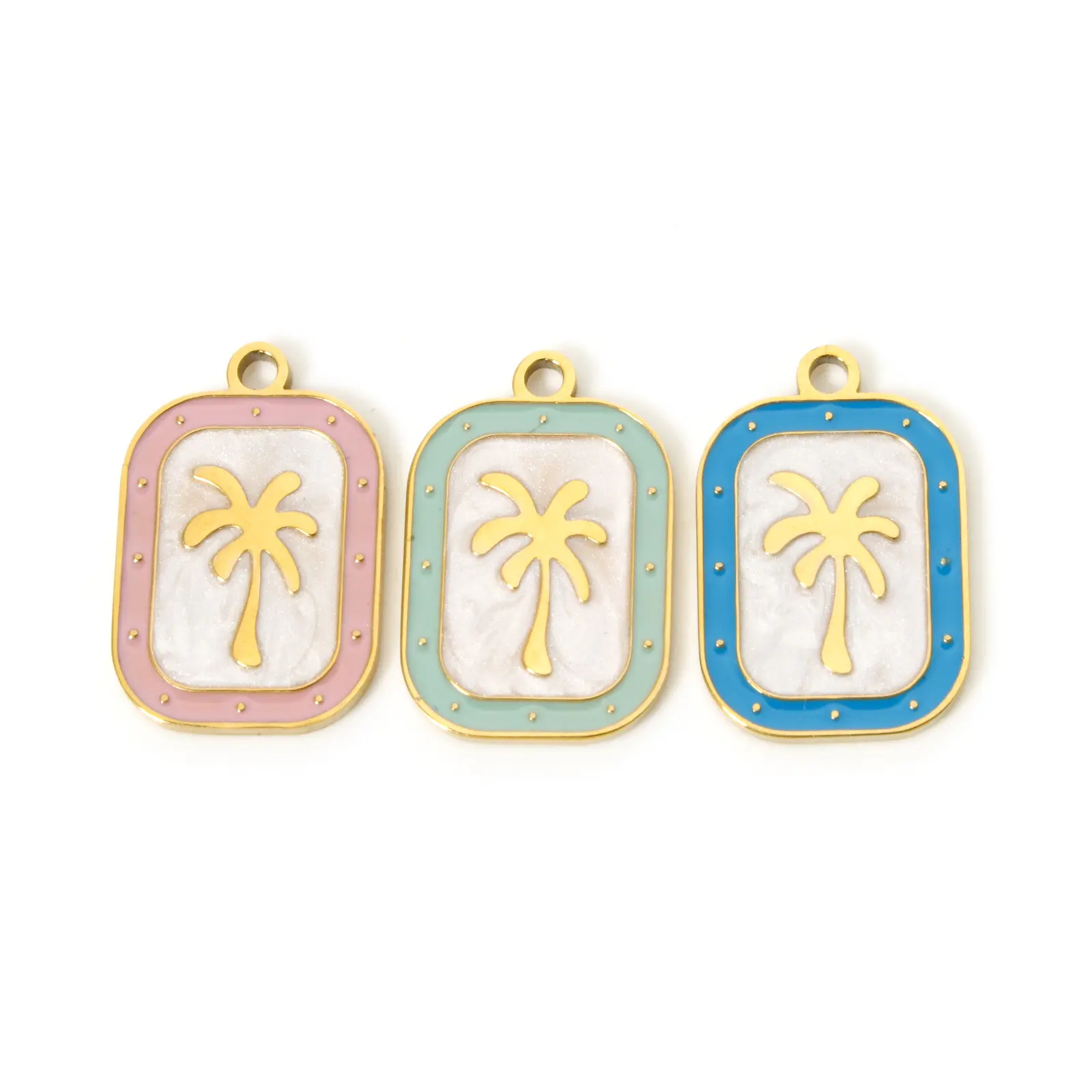 304 Stainless Steel Flora Charms 18K Gold Plated Rectangle Coconut Palm Tree Enamel Pendant DIY Necklace 20mm x 13mm, 2 Pcs