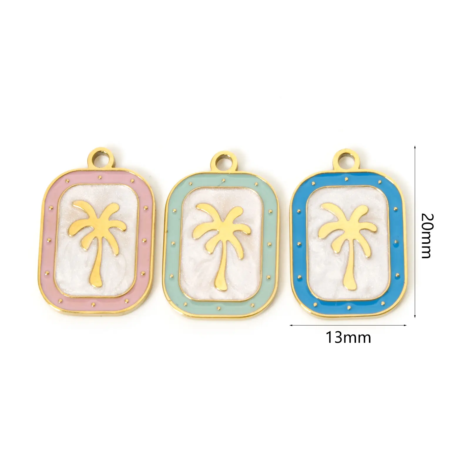 304 Stainless Steel Flora Charms 18K Gold Plated Rectangle Coconut Palm Tree Enamel Pendant DIY Necklace 20mm x 13mm, 2 Pcs