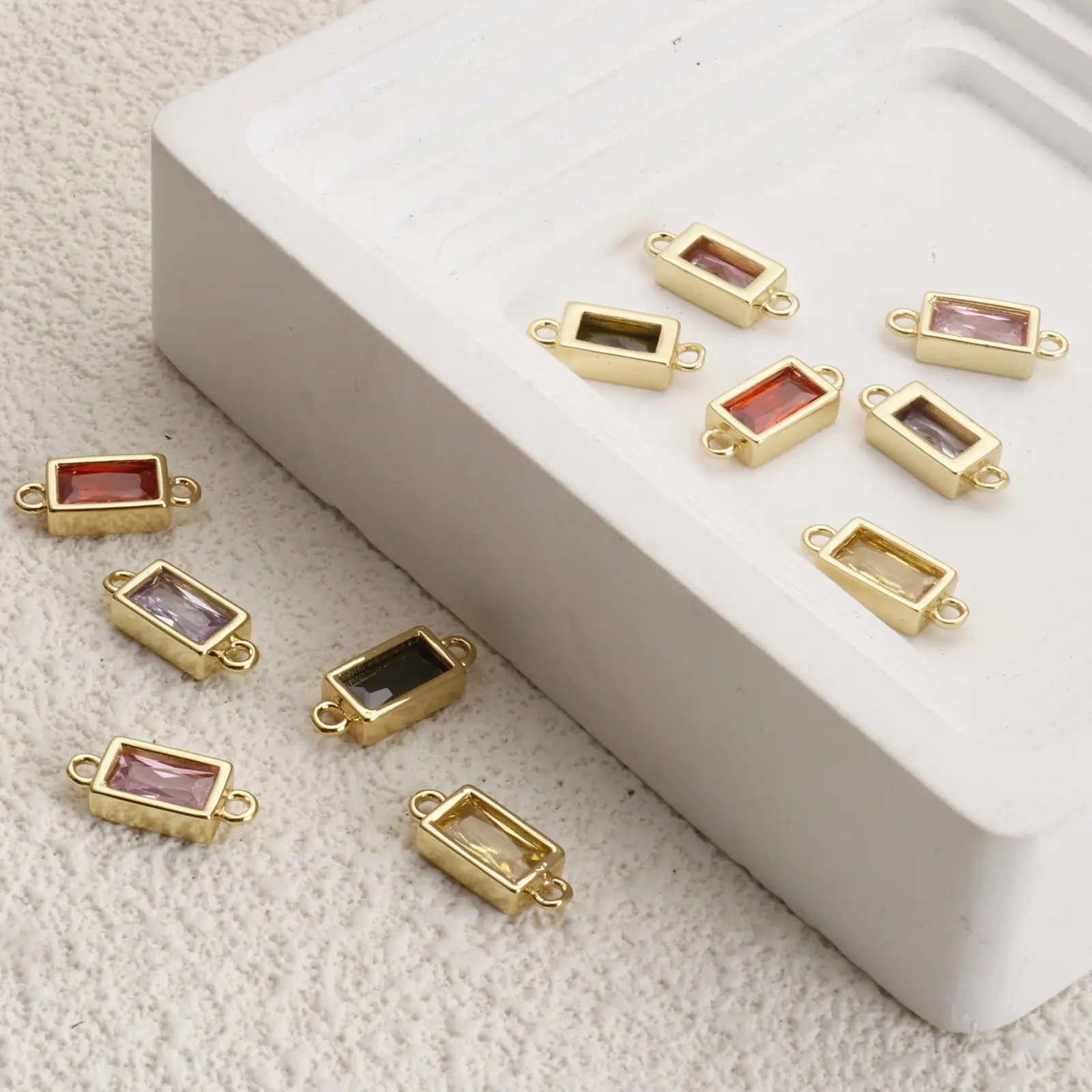 2PCs Rectangular Ziconia Connector 18K Gold Plated Brass & Glass Faceted Pendants Charms For Necklace Jewelry Making 15mm x 6mm