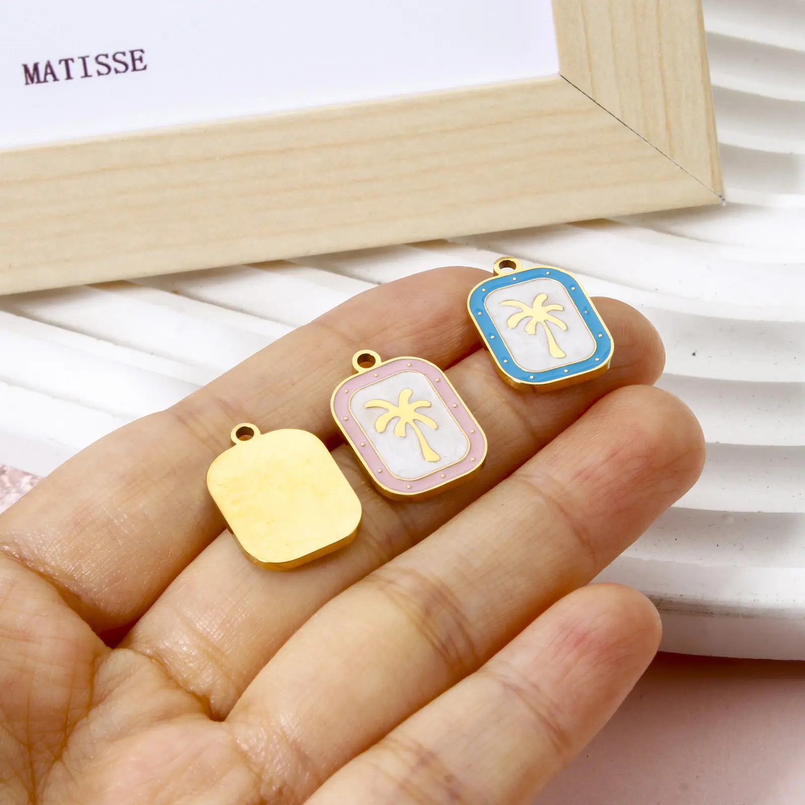 304 Stainless Steel Flora Charms 18K Gold Plated Rectangle Coconut Palm Tree Enamel Pendant DIY Necklace 20mm x 13mm, 2 Pcs