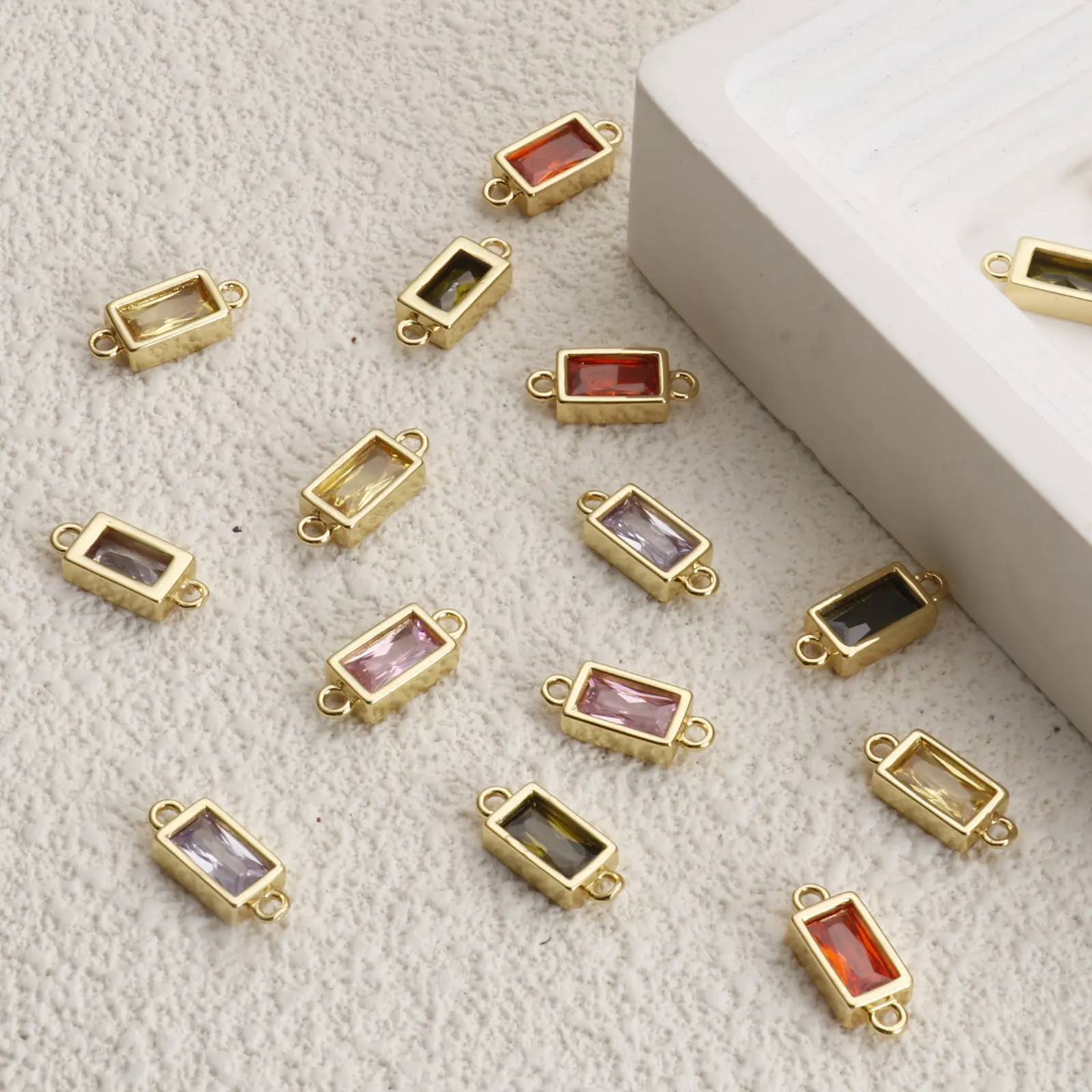2PCs Rectangular Ziconia Connector 18K Gold Plated Brass & Glass Faceted Pendants Charms For Necklace Jewelry Making 15mm x 6mm