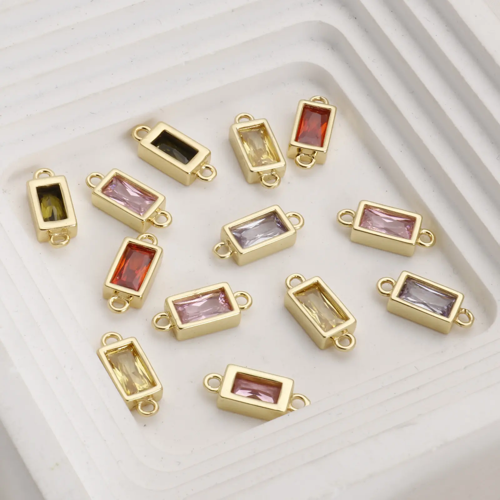 2PCs Rectangular Ziconia Connector 18K Gold Plated Brass & Glass Faceted Pendants Charms For Necklace Jewelry Making 15mm x 6mm