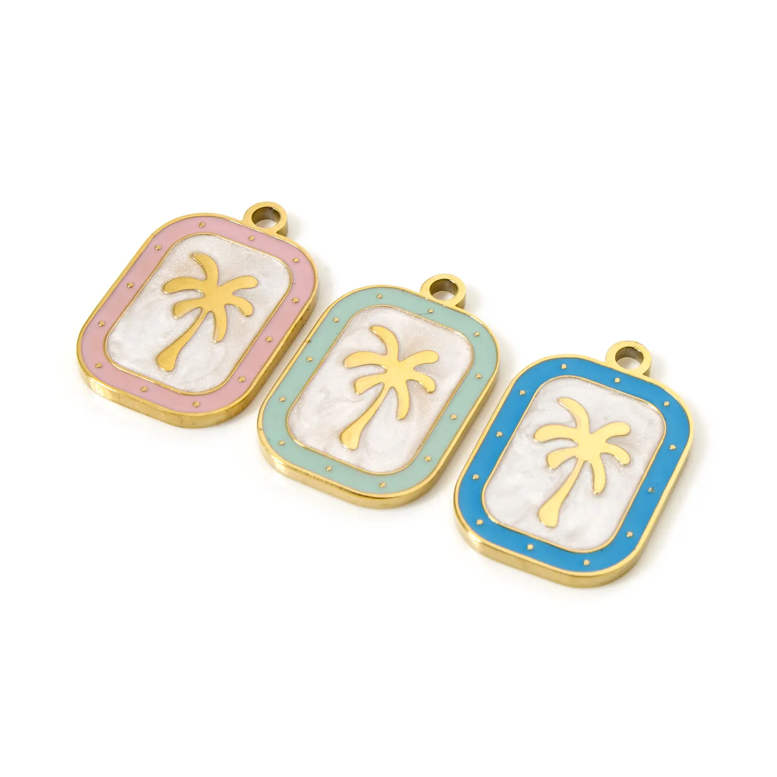 304 Stainless Steel Flora Charms 18K Gold Plated Rectangle Coconut Palm Tree Enamel Pendant DIY Necklace 20mm x 13mm, 2 Pcs