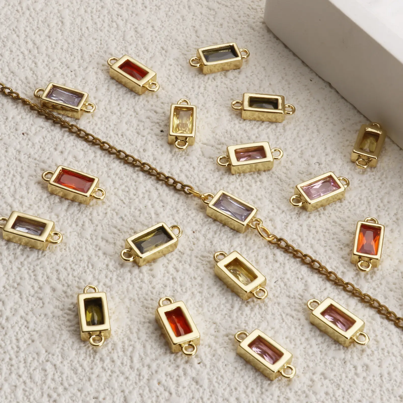 2PCs Rectangular Ziconia Connector 18K Gold Plated Brass & Glass Faceted Pendants Charms For Necklace Jewelry Making 15mm x 6mm