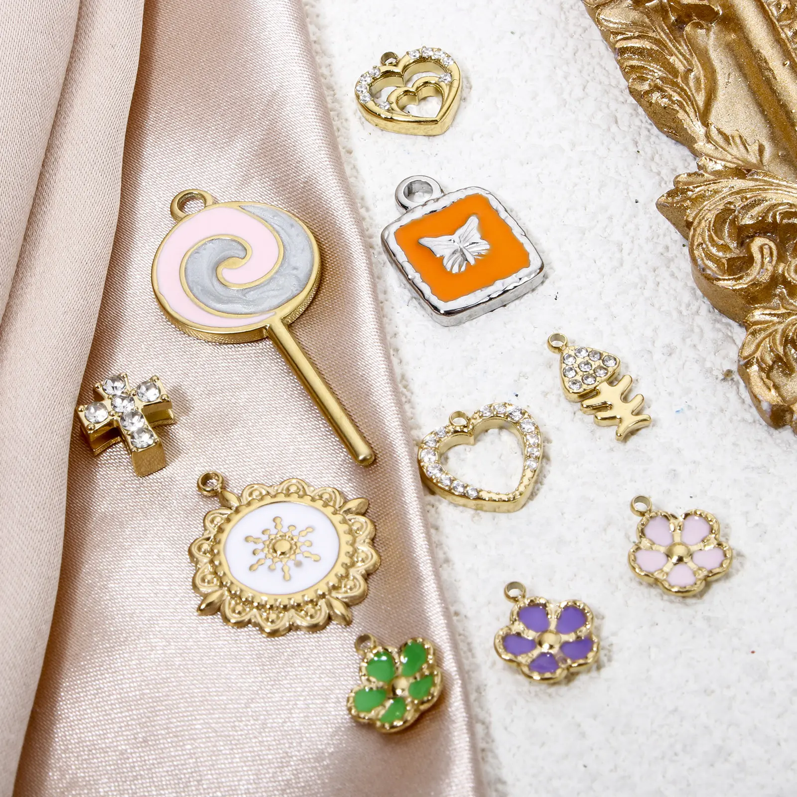 1 Piece 304 Stainless Steel Charms Gold Plated Fish Flower Cross Heart Enamel Clear Rhinestone Pendant For DIY Necklace Making