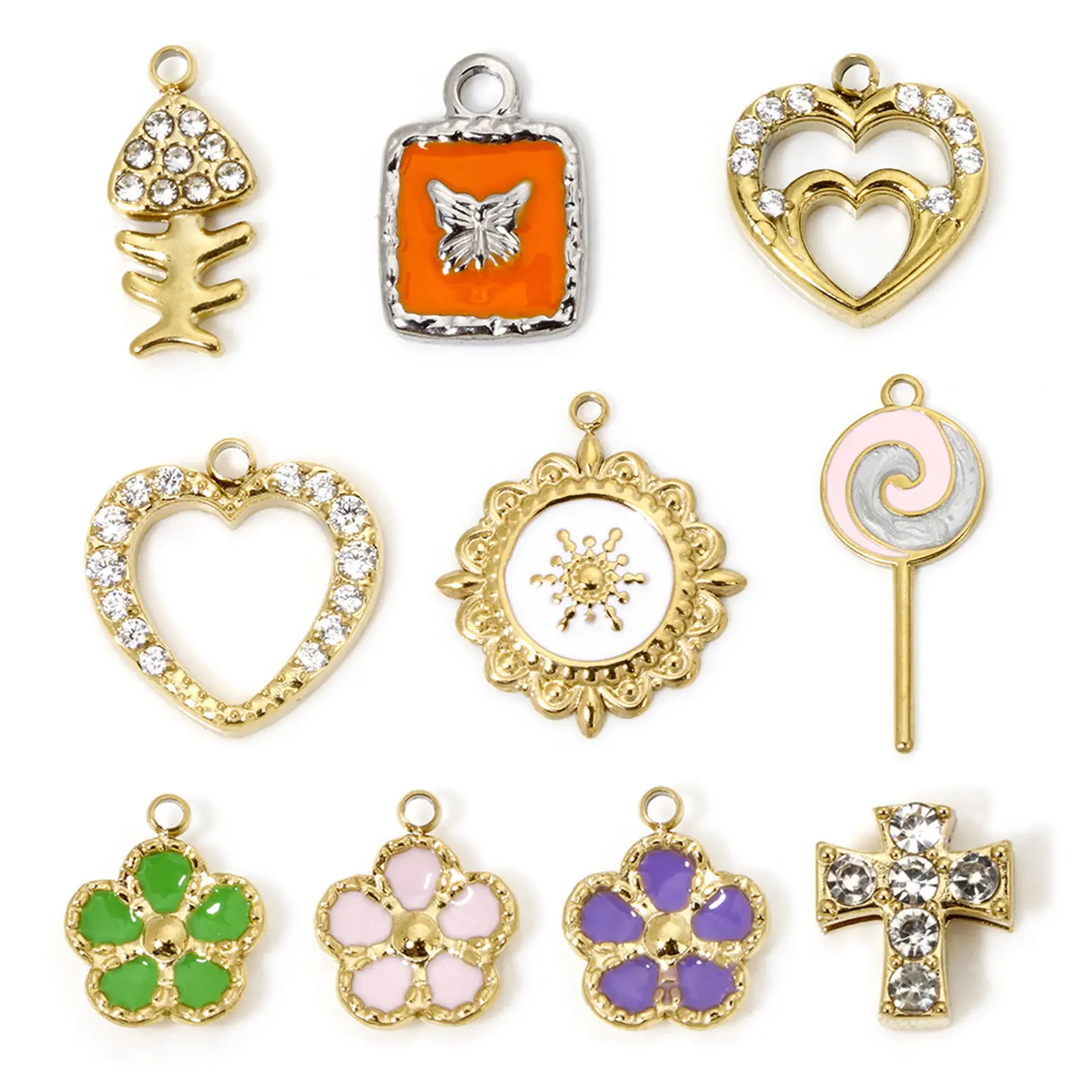 1 Piece 304 Stainless Steel Charms Gold Plated Fish Flower Cross Heart Enamel Clear Rhinestone Pendant For DIY Necklace Making